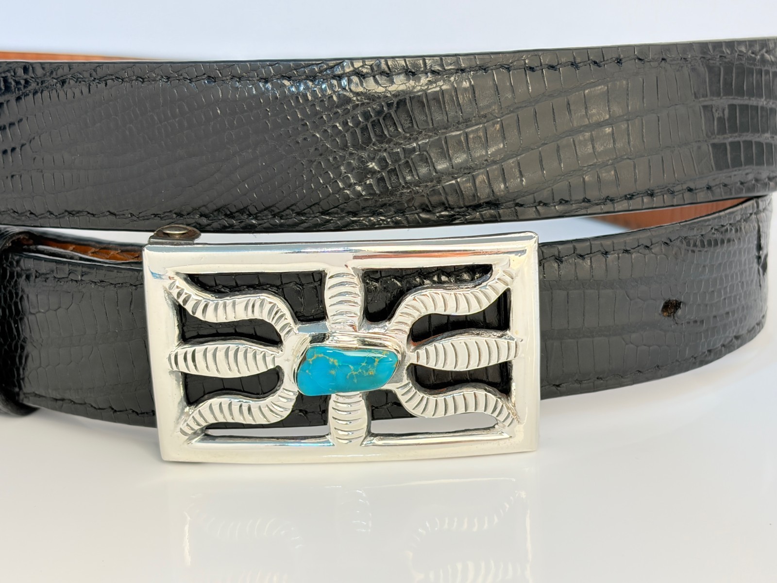 Vintage Sandcast Sterling Silver .925 Turquoise Belt Buckle 38 Genuine Lizard