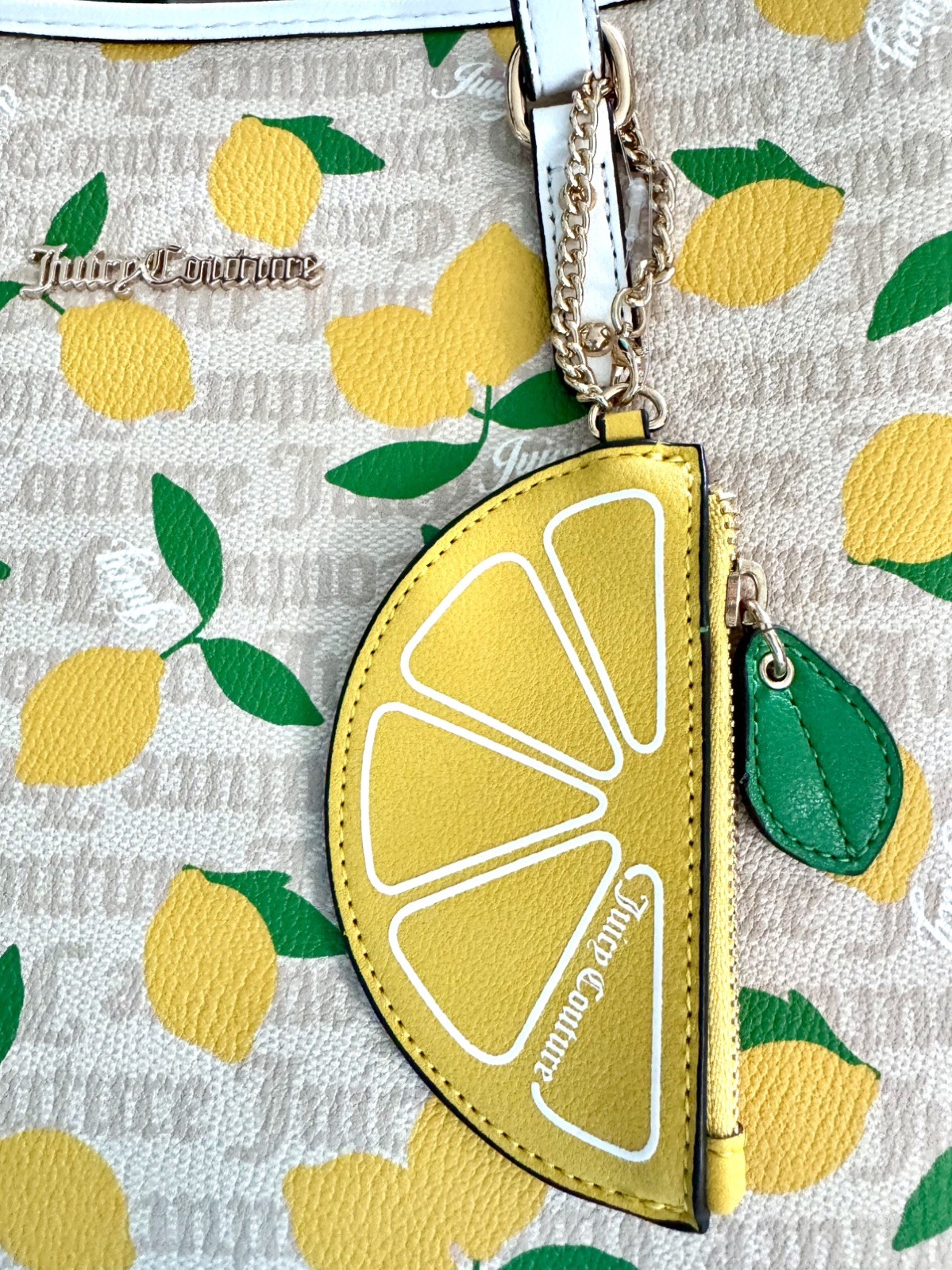 Juicy Couture Fruitful Lemon Tote Bag Sandstone White Monogram Wallet Charm NWT