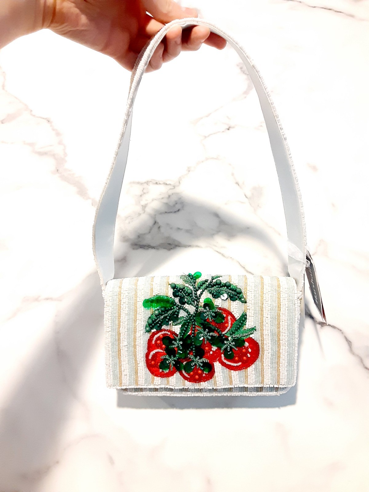 Made in India Beaded Tomato Striped Mini Shoulder Bag Purse White Gold Mint