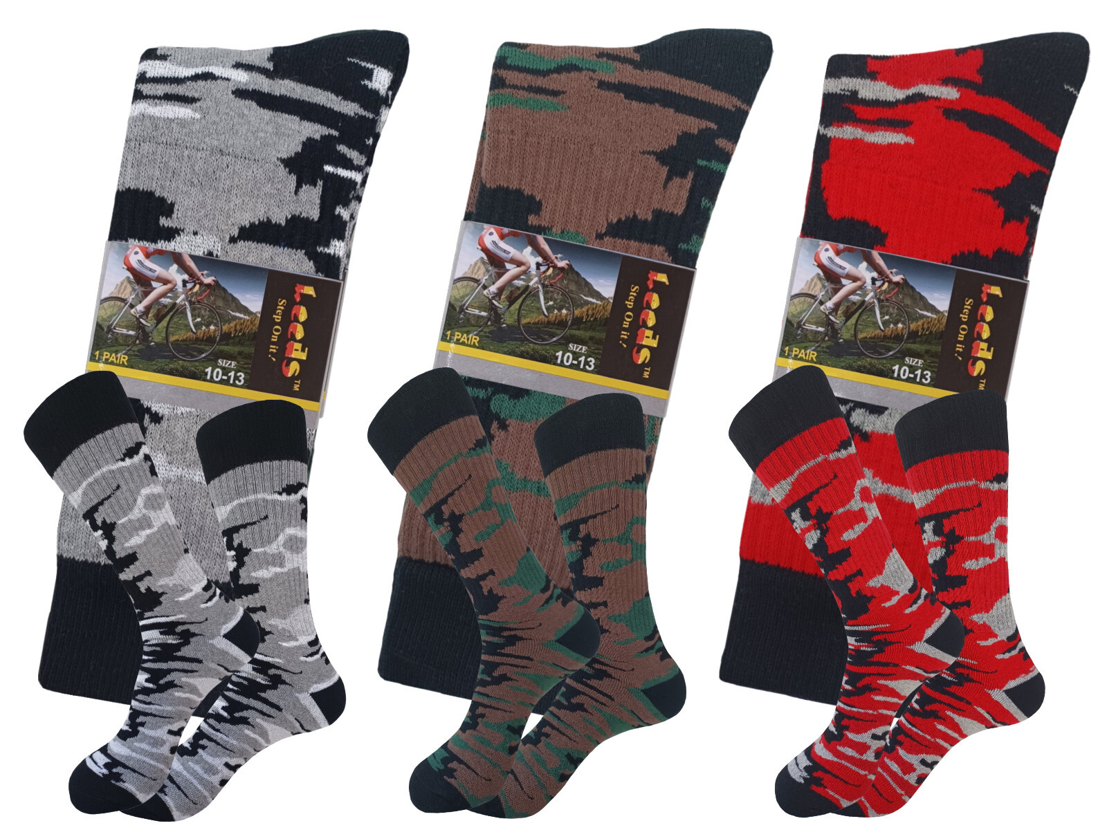 3 PAIR COTTON CAMO CREW ARMY HIKING SOCKS SIZE 10-13 TRUE TO SIZE FULL CUSHION