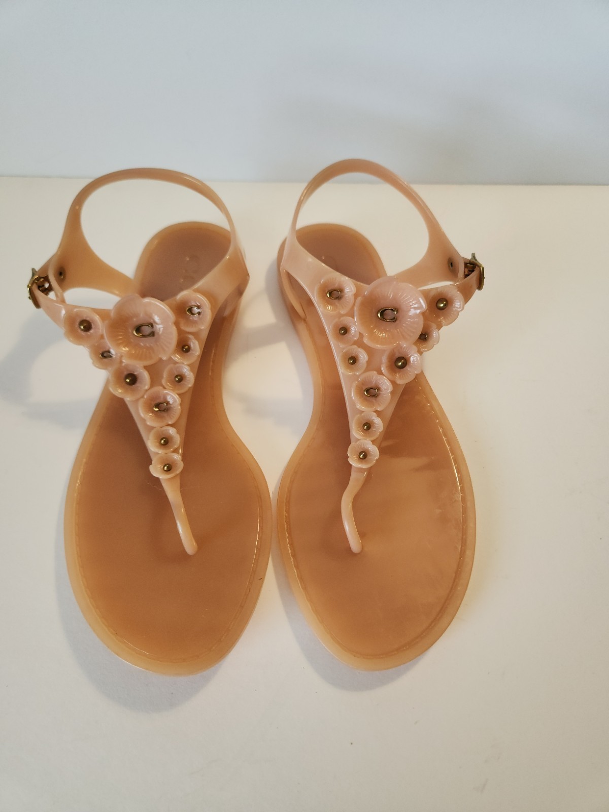 COACH Tea Rose Jelly Flat Strap Sandals Pink Peony Floral Women’s US 9 B