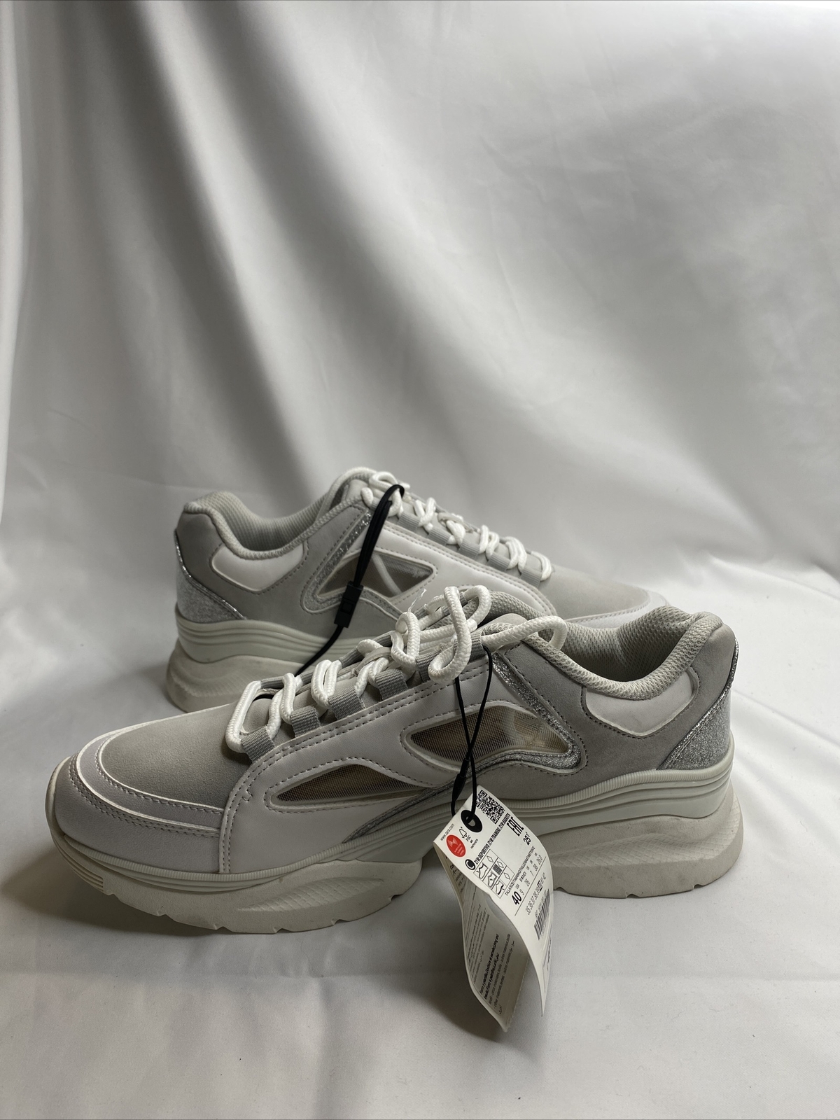 NEW ZARA White Silver Fashion SHINY MESH SNEAKERS Lace up USA 9 EU 40 K48