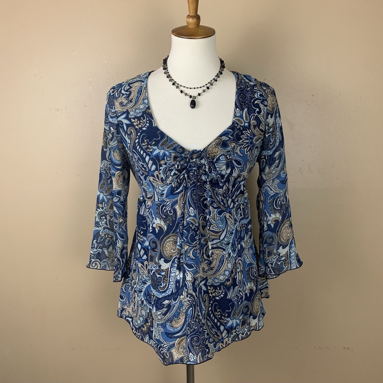 Vintage Y2K Top Womens Medium Blue Paisley Print Sheer Babydoll Feminine Blouse
