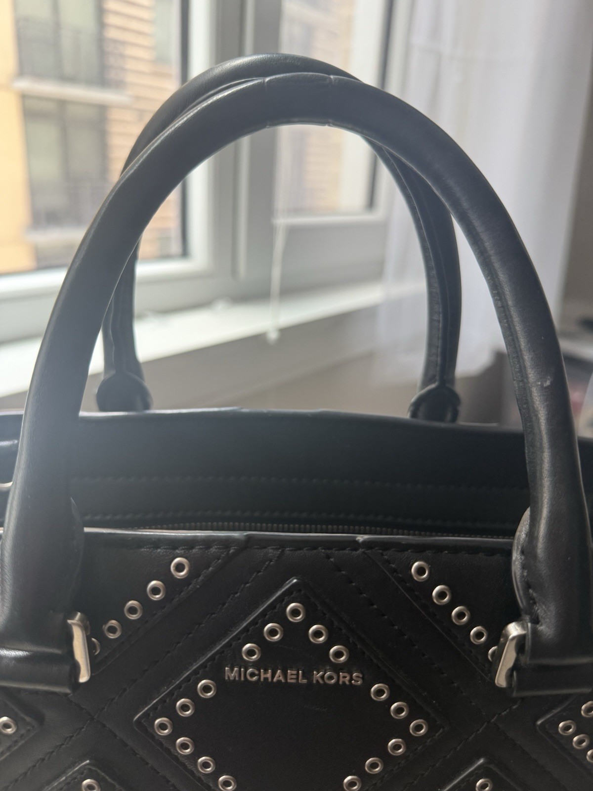 Michael Kors Selma Large Black Leather Grommet Studded Satchel Handbag Silver