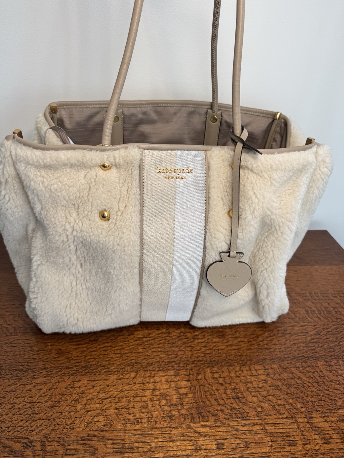 Kate Spade Everything Racing Stripe Faux Shearling Large Tote – Cream