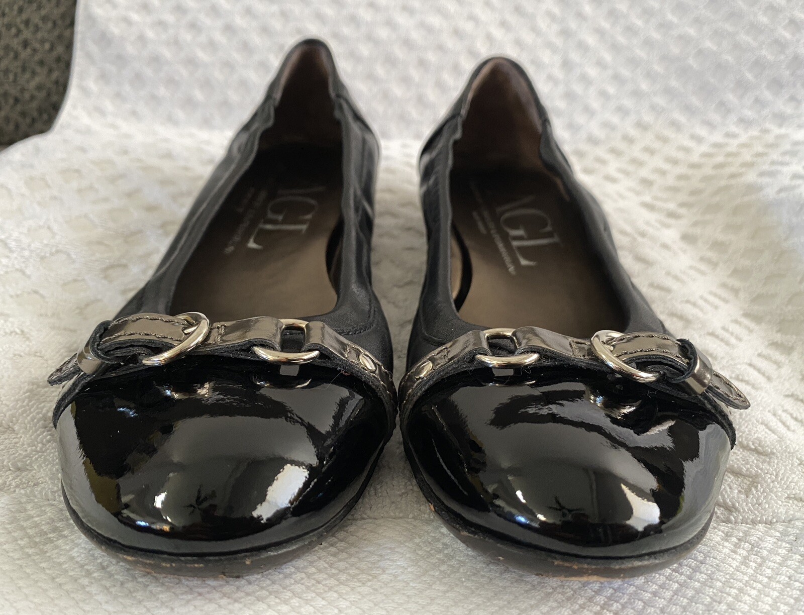 AGL Monika Cap Toe Ballet Flats Black Patent Leather Bronze Size 38.5 US 8.5