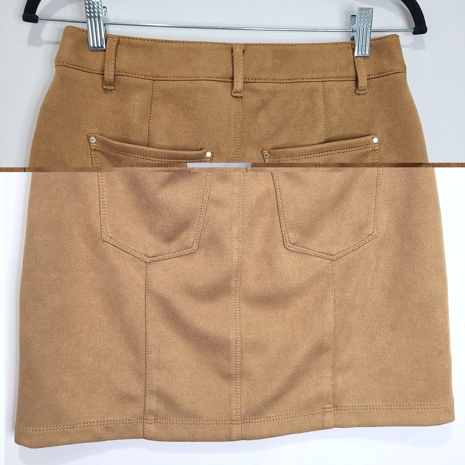 WHBM Brown Faux Suede Stretchy Snap Button Zip Mini Skirt Sz 4
