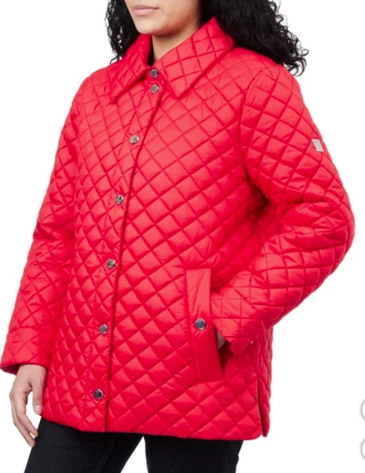 Anne Klein Women’s Jacket Quilted Side-Slit Midweight Snap-Front, Red, 2XL