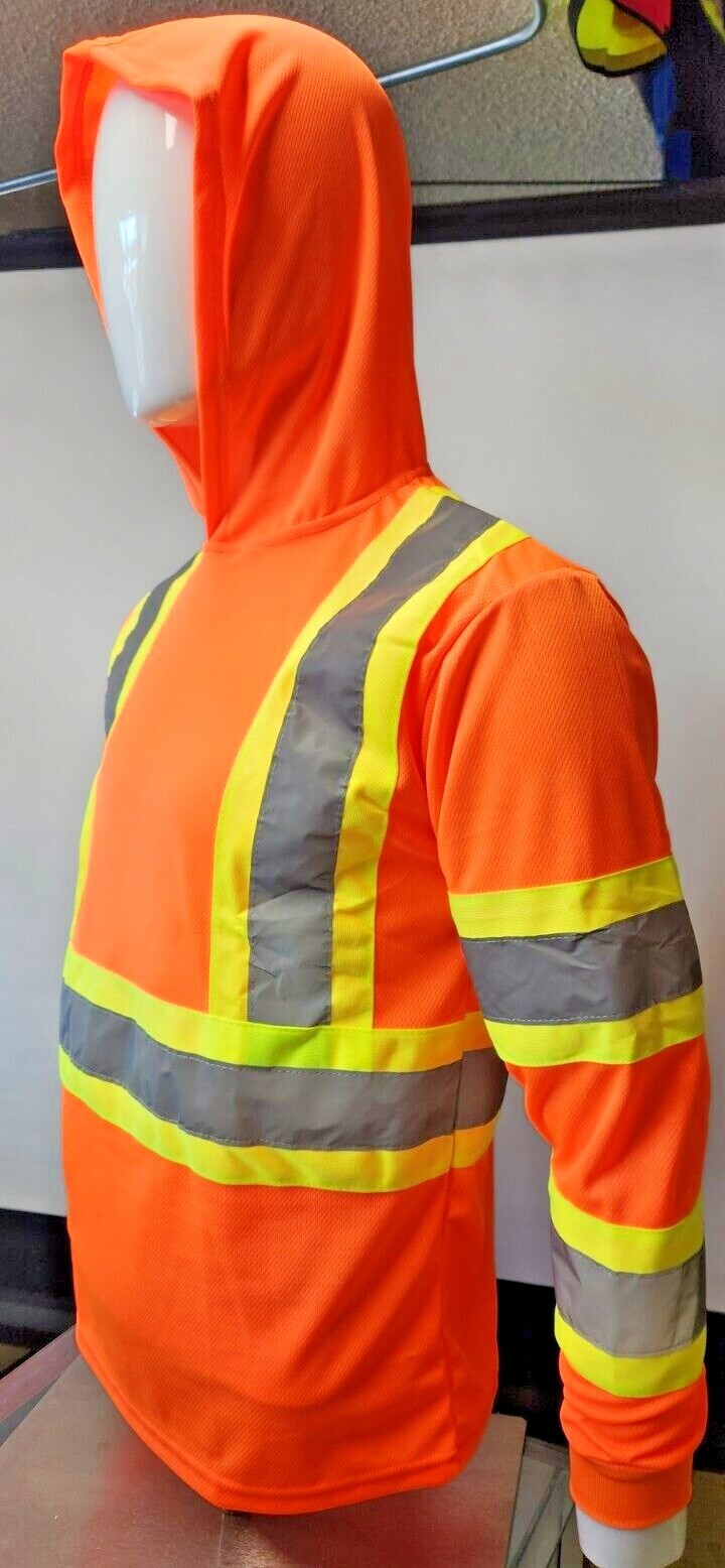 Class 3 Orange Long Sleeve Safety Shirt With Hoodie, Polyester Birdeye mesh