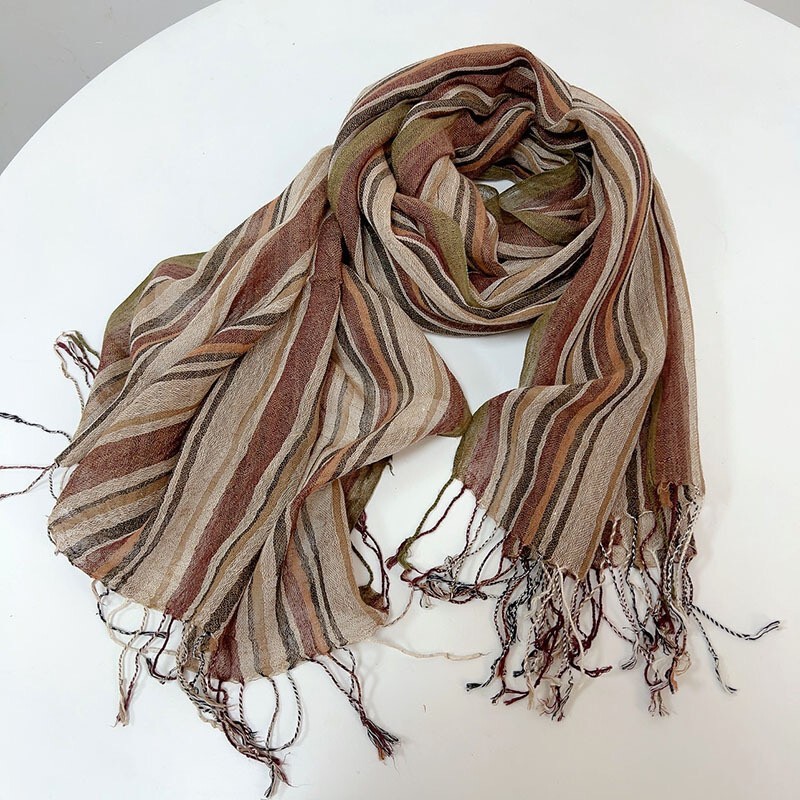 Mens Khaki Striped Flax Linen Cotton Scarf Casual Neckerchief Shawl Stole —