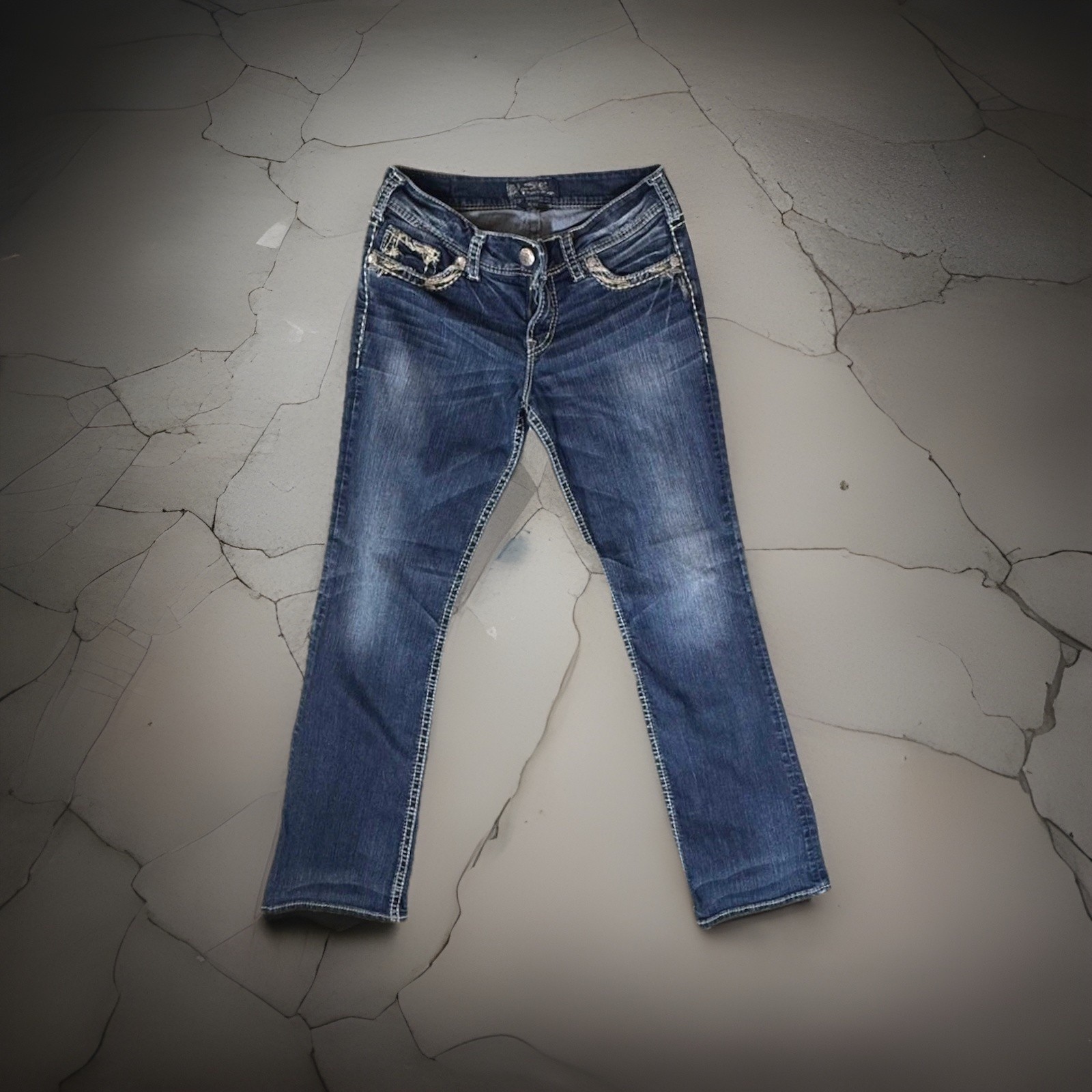 Silver Jeans Co Suki Mid Slim Bootcut Dark Wash Distressed Denim Womens Jeans