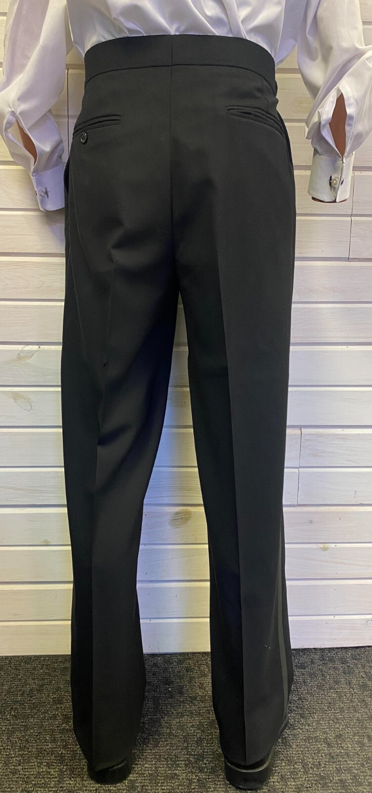 Black Pleated Satin Stripe Tuxedo Pant – 100% Wool!