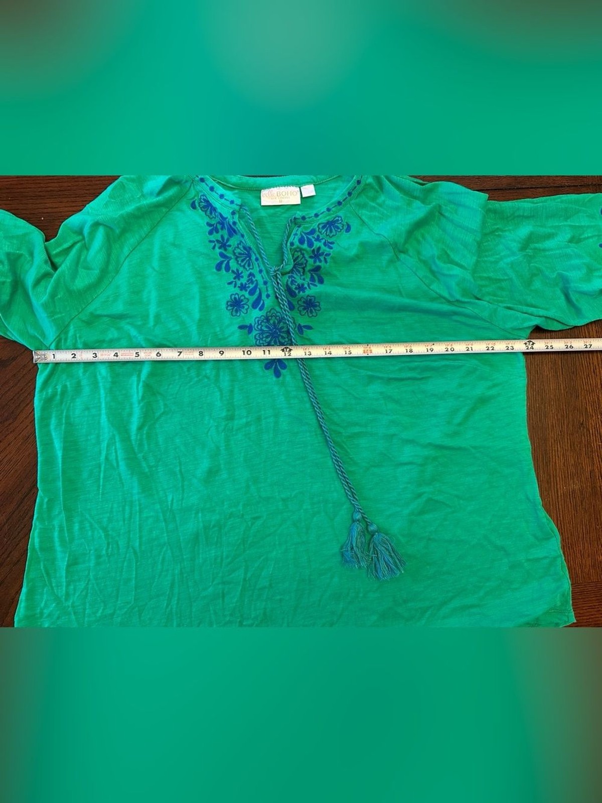 Belle Boho by Kim Gravel Emerald Green Long-Sleeve Peasant Blue Embroidery XL