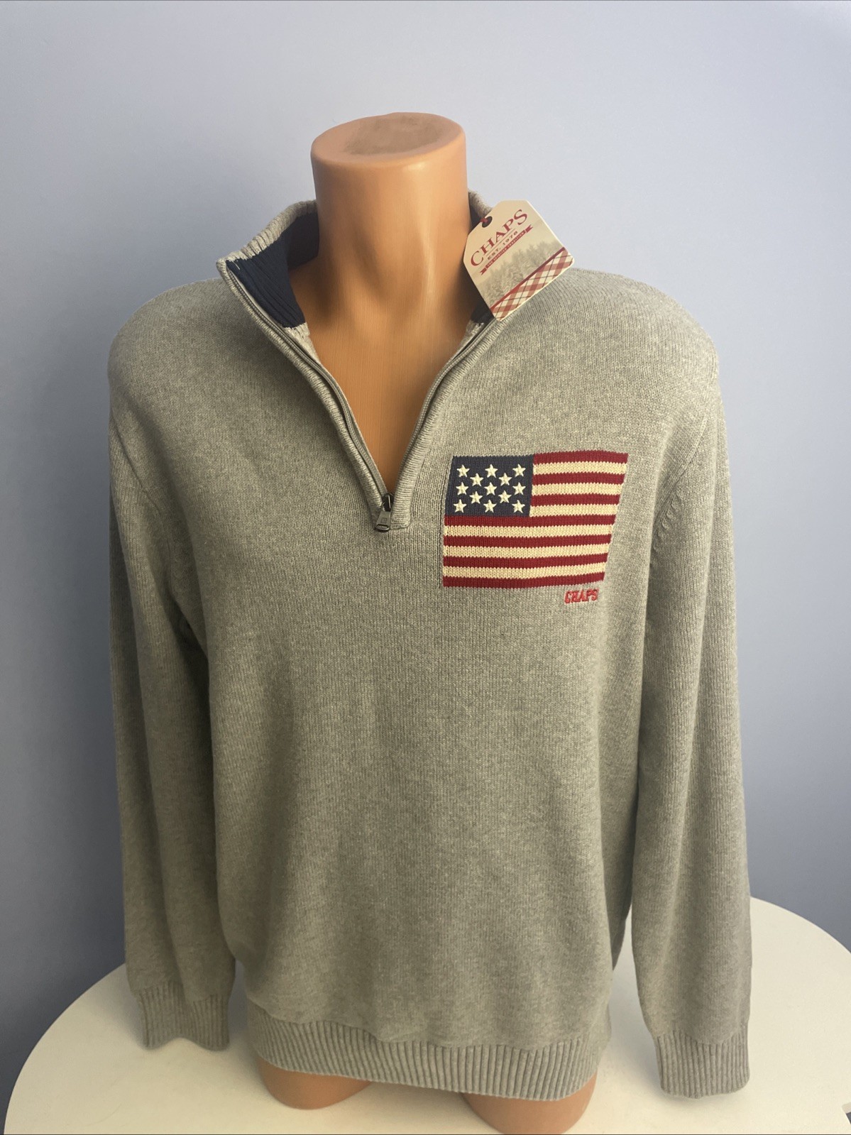 Chaps RALPH LAUREN Men’s Sweater USA American Flag Gray 1/4 Zip Size Large NWT