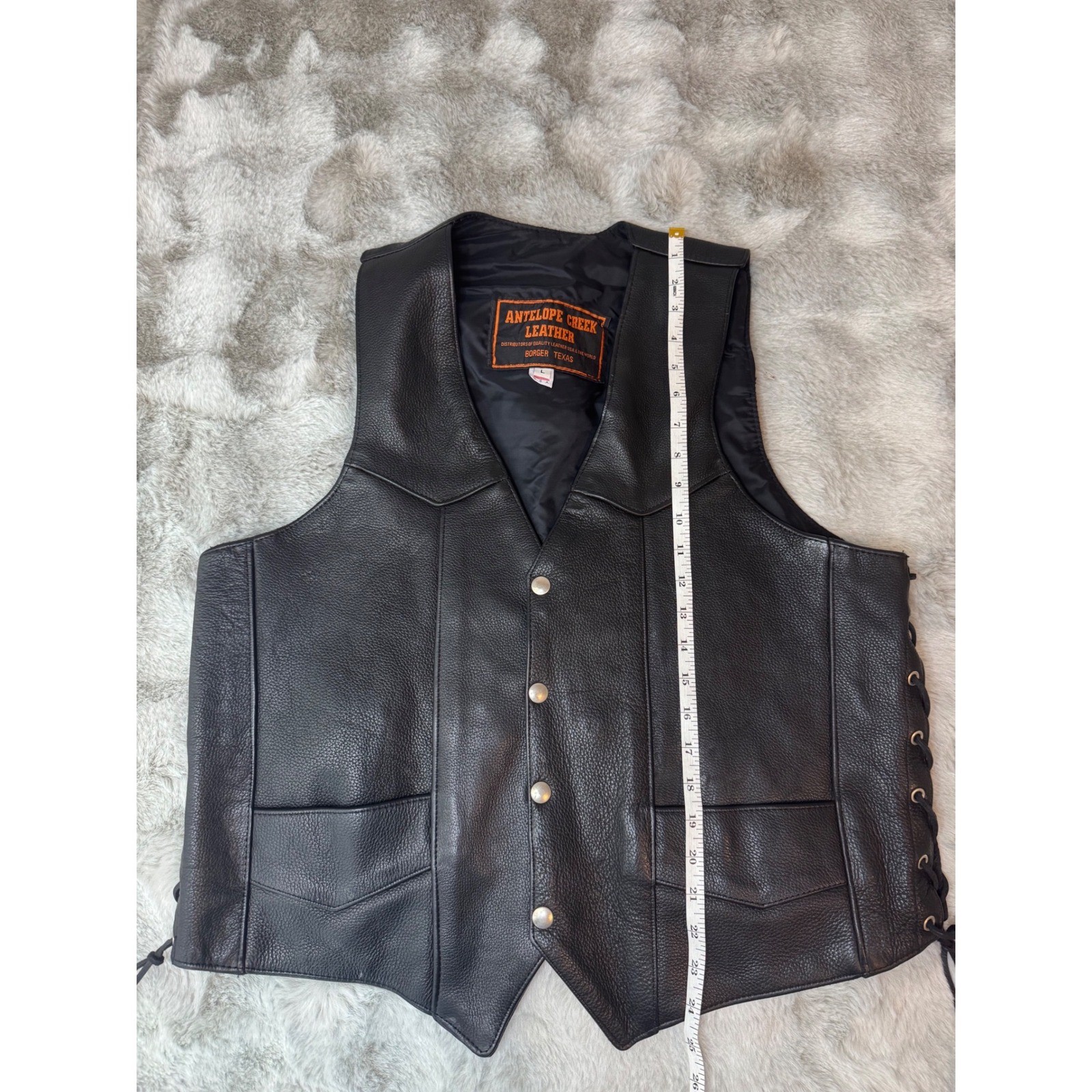 Antelope Creek Leather Mens Biker Vest Black Lace Up Side Snap Front LG-0619