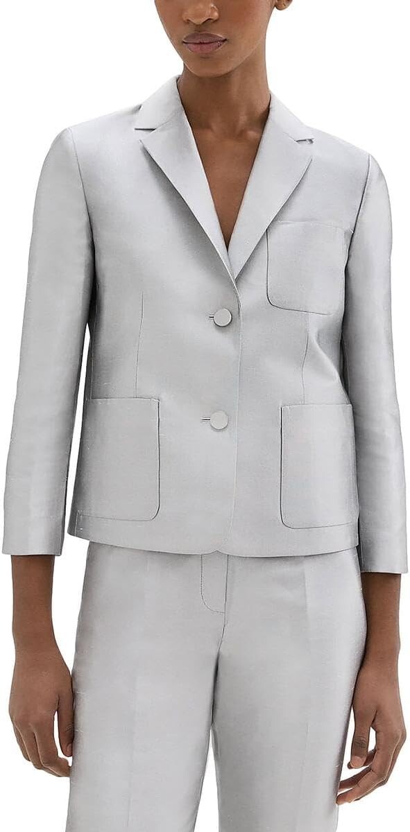 Theory Women’s Shrunken Patch Pocket Blazer, Ice Grey, 100% Silk, Size 14 NWT