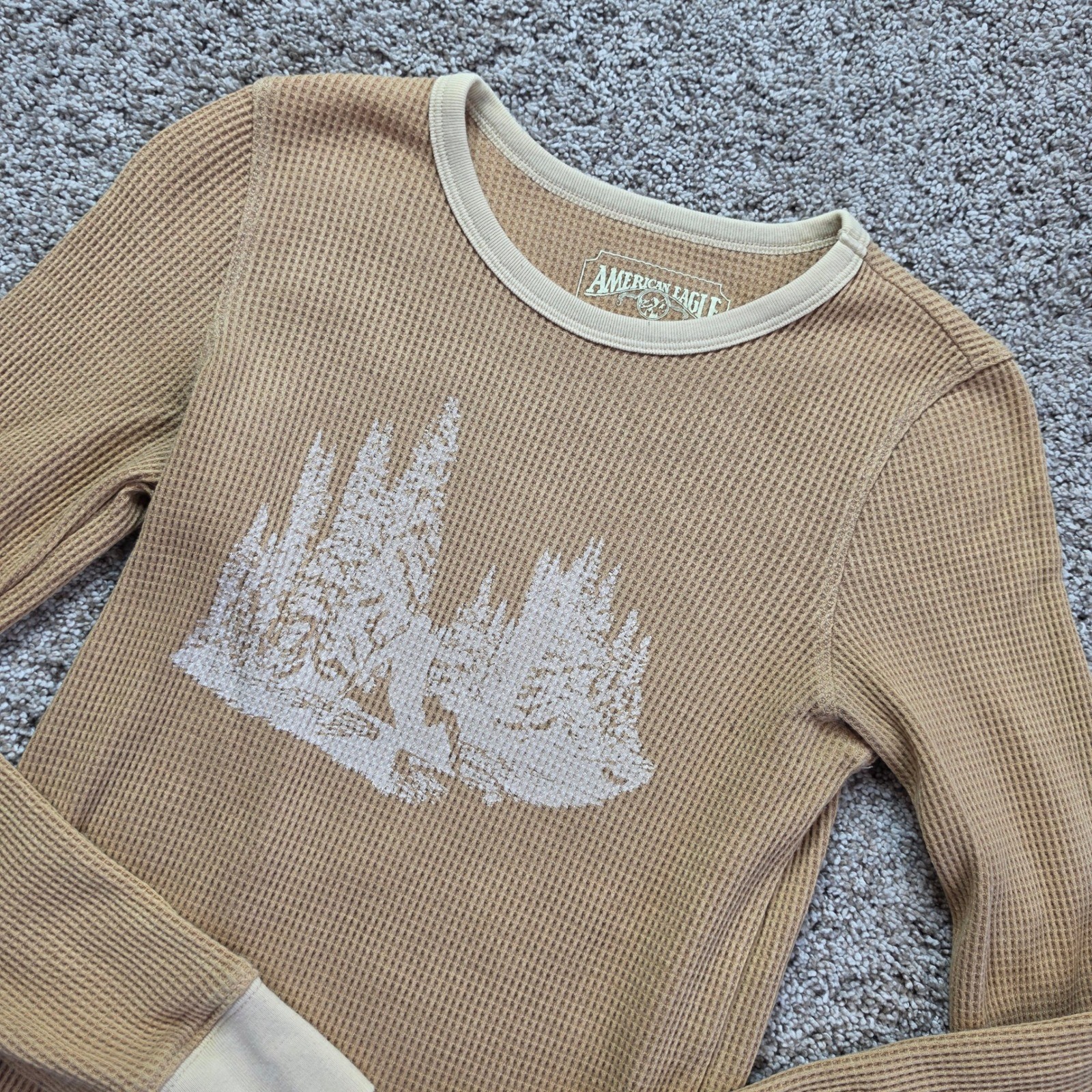 VINTAGE American Eagle Waffle Knit Thermal Top Womens S Tan Forest Ringer Y2K
