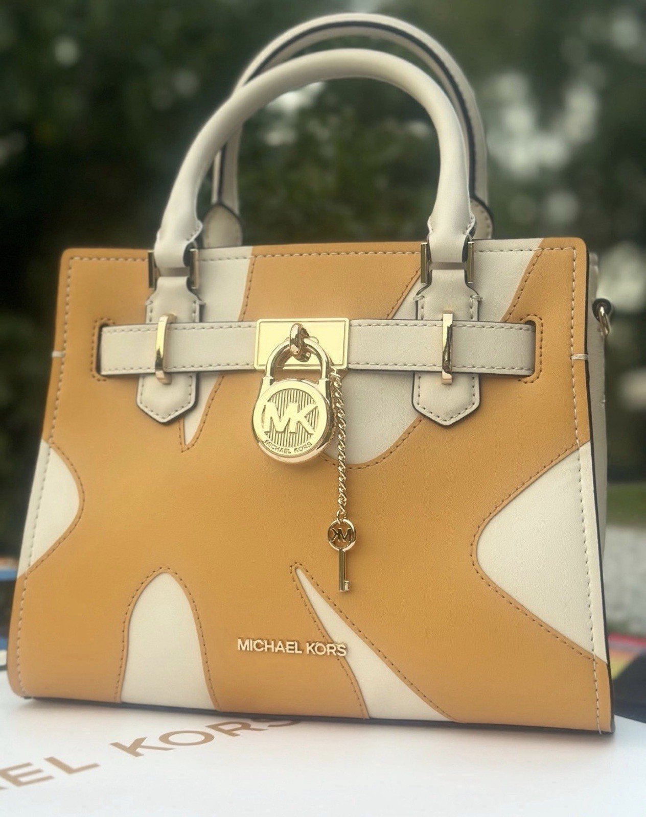 AUTHENTIC Michael Kors Purse Small Hamilton Satchel Patch Work Golden Rod NWT