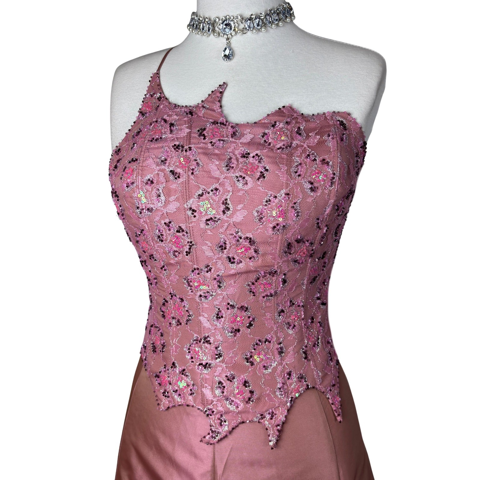Vintage Pink Corset Prom Dress Set: Y2K Prom Gown Satin Gown, Glitter Bustier