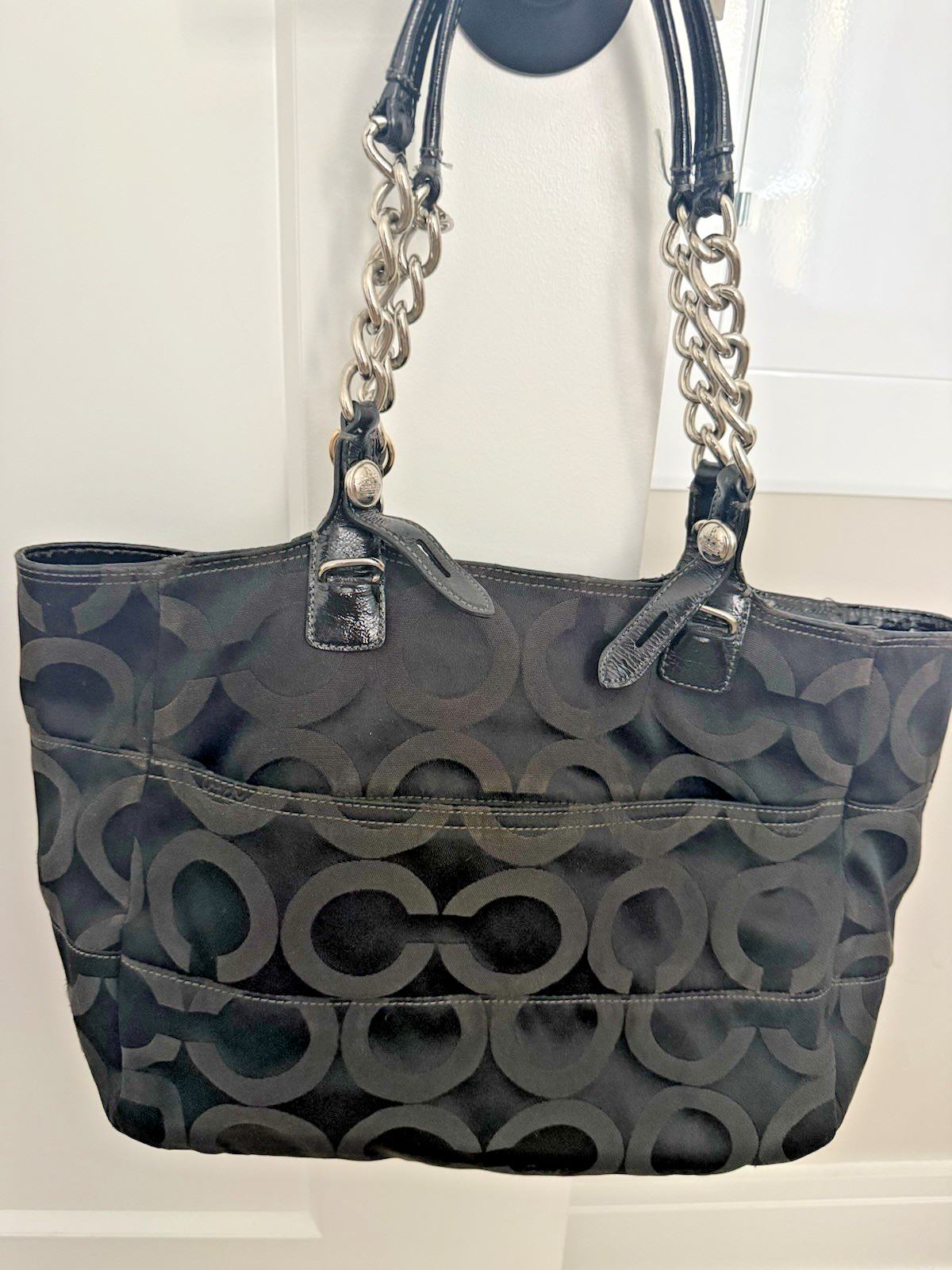 Coach Madison Tribeca Op Art Tote Bag Black #14133 Chain Strap Leather Y2K