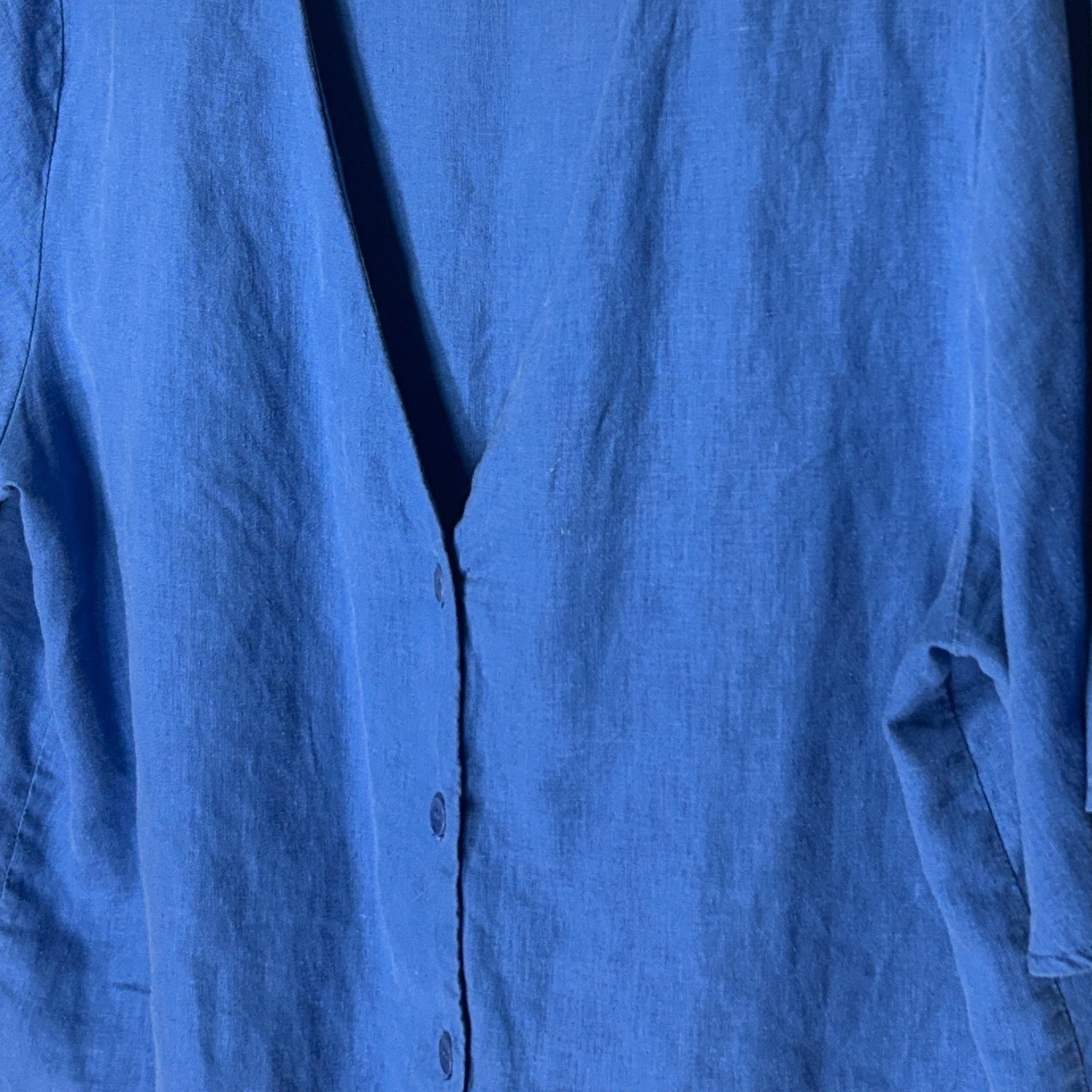 Thinking Mu Hemp Blue V-Neck Button Down Short Sleeve Blouse Size L Retail: $189