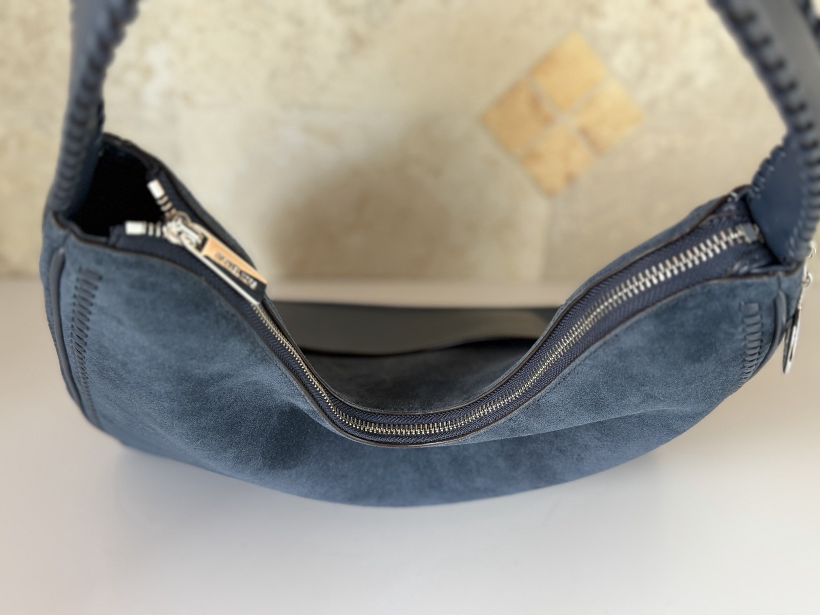 Michael Kors Nayla Medium Suede Leather Hobo Shoulder Bag Navy/Silver