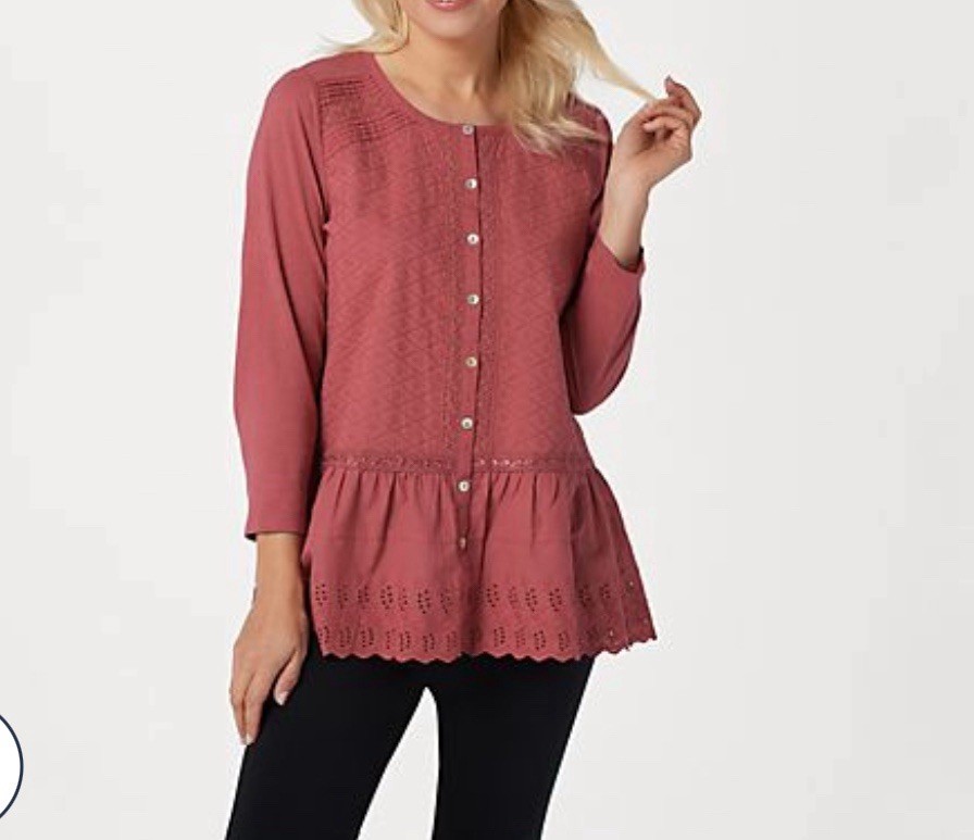 LOGO LAVISH Lori Goldstein Size XXS Cocoa Button Front Top w/ Knit Sleeves