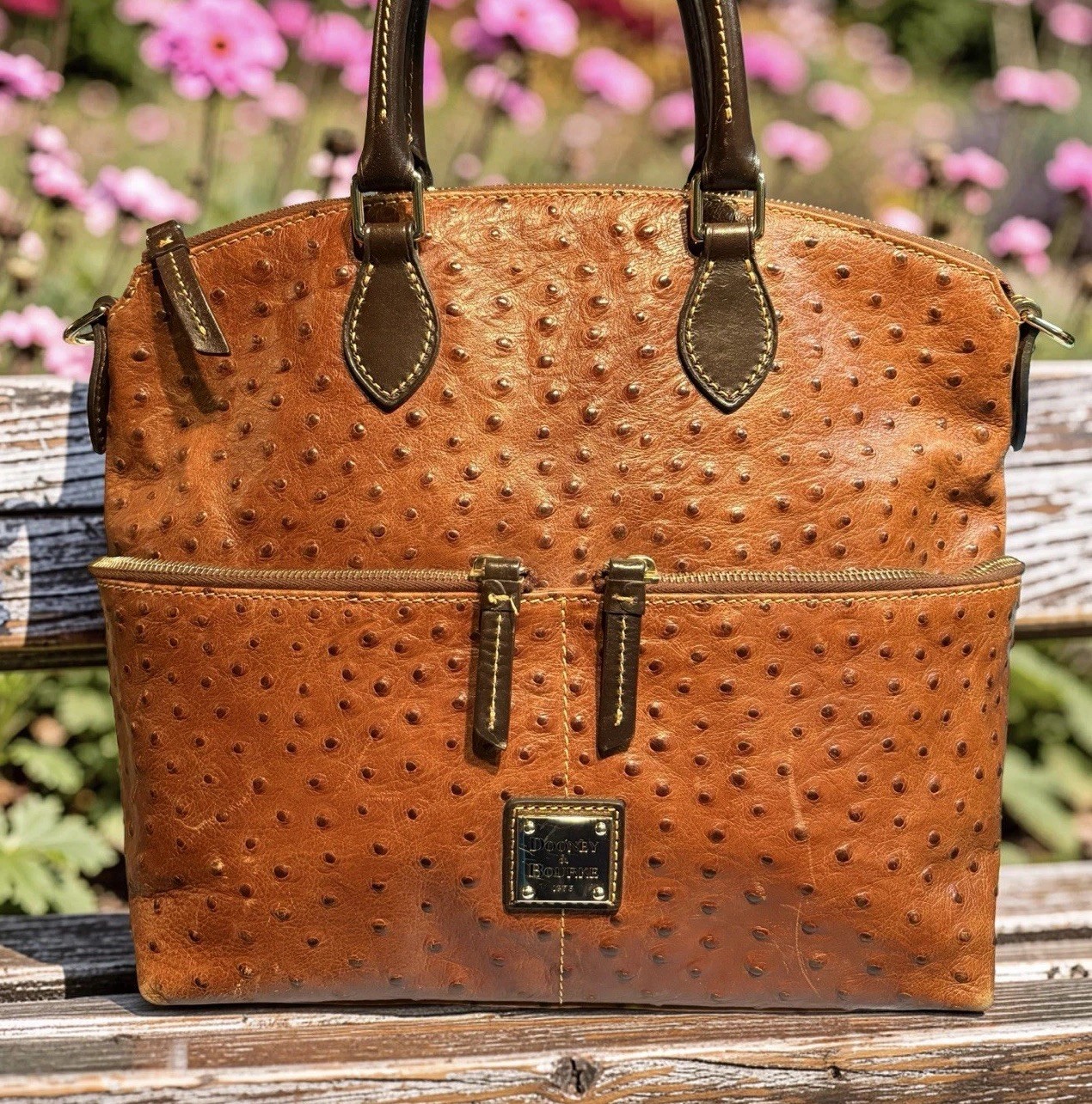 Dooney Bourke Chestnut Brown Ostrich Embossed Leather Front Pocket Satchel Tote