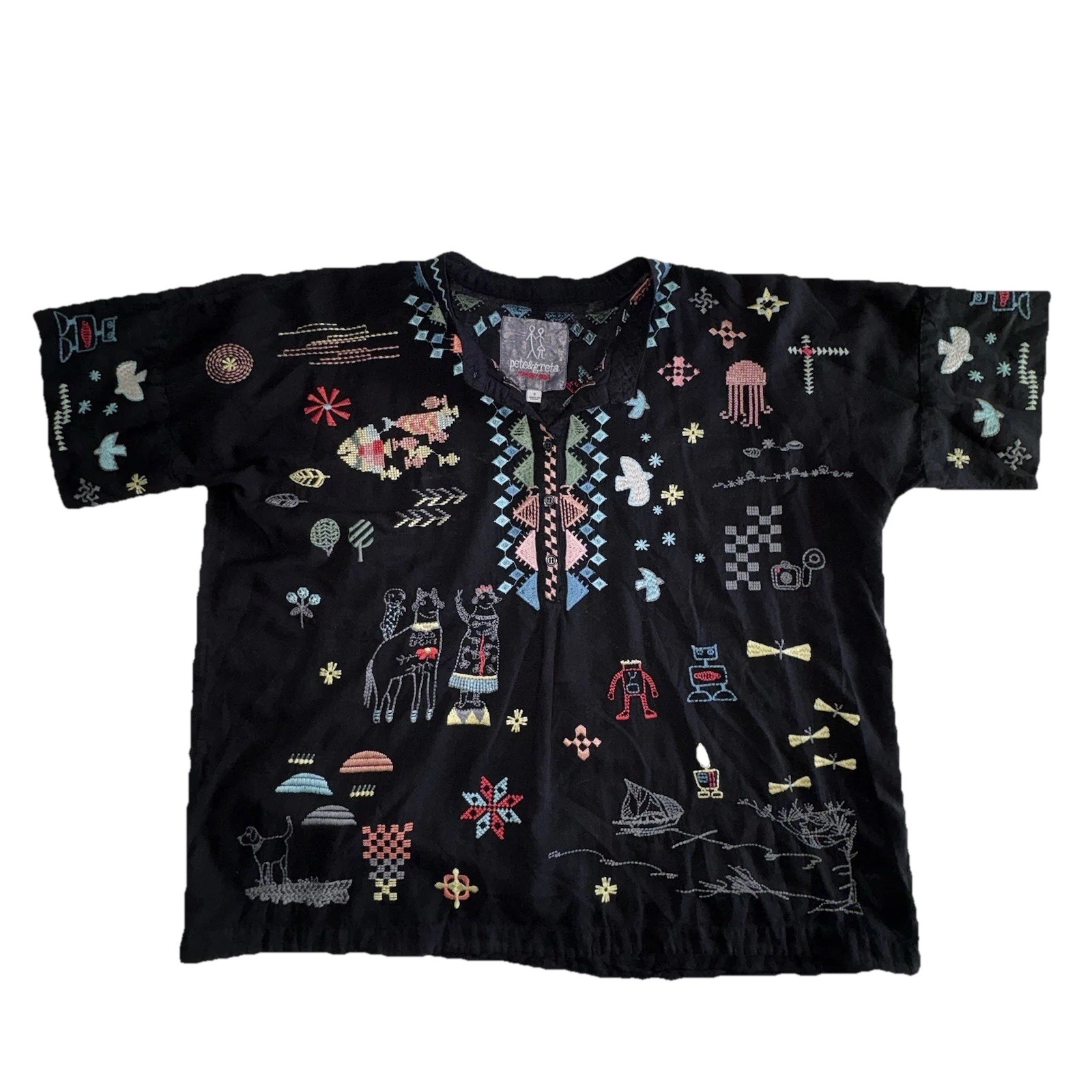 Johnny Was Pete&Greta Top Black Seraphina Embroidered Short Sleeve Size Small