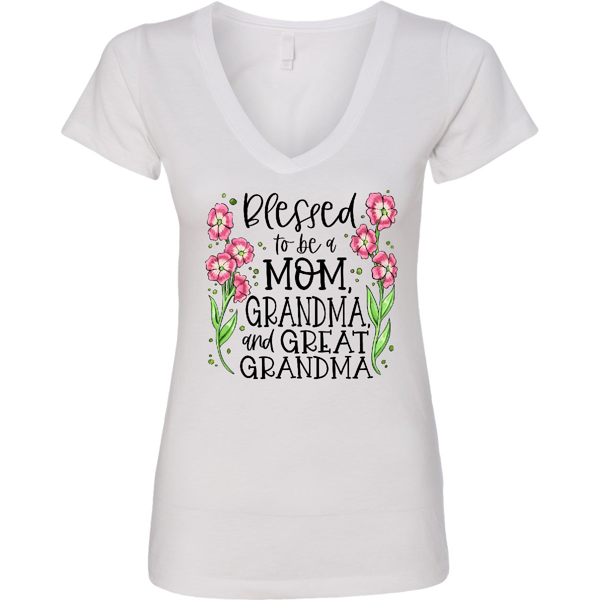 Inktastic Blessed To Be A Mom, Grandma, And Great Grandma Women’s V-Neck T-Shirt