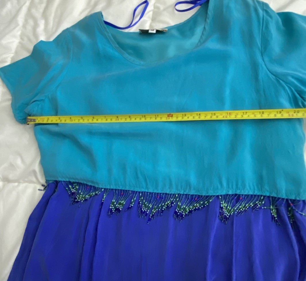 Earth Song Teal Blue Size 14 Beaded Waist Trim Maxi Dress 90s 80s 100% Bemberg