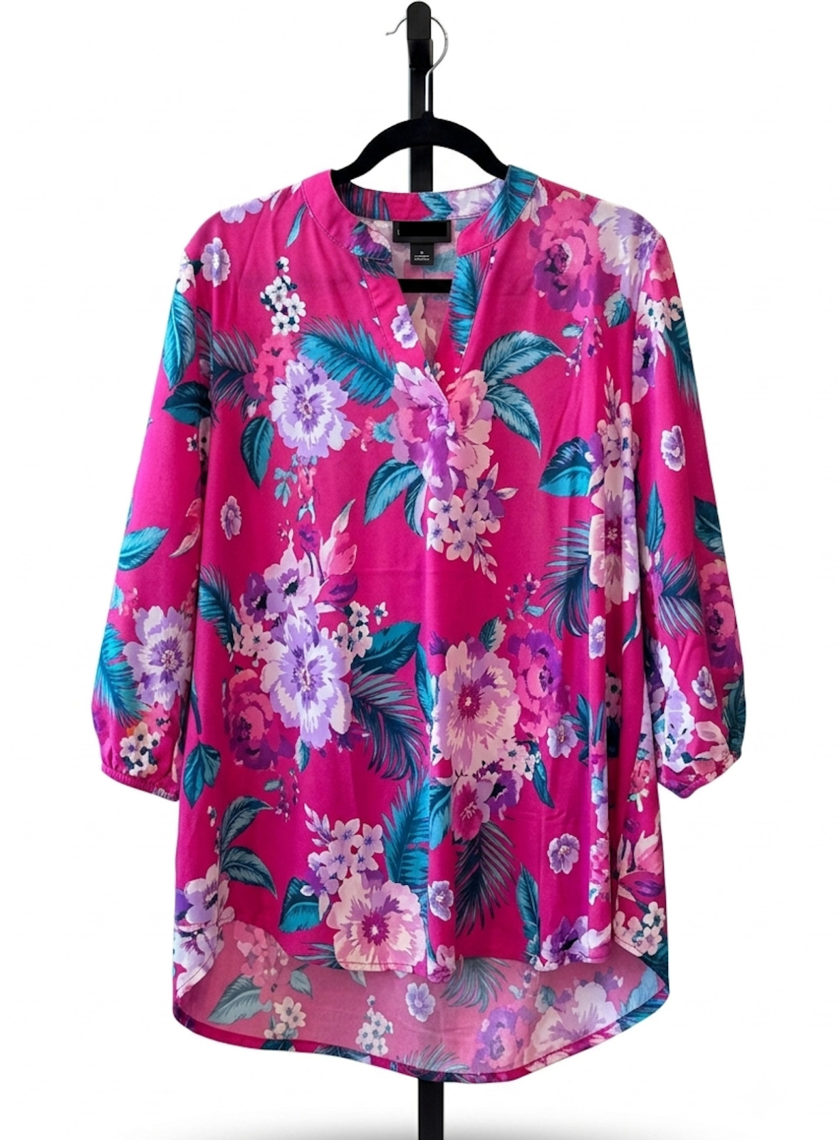 Pink Floral Split-Neck Tunic – High-Low Hem