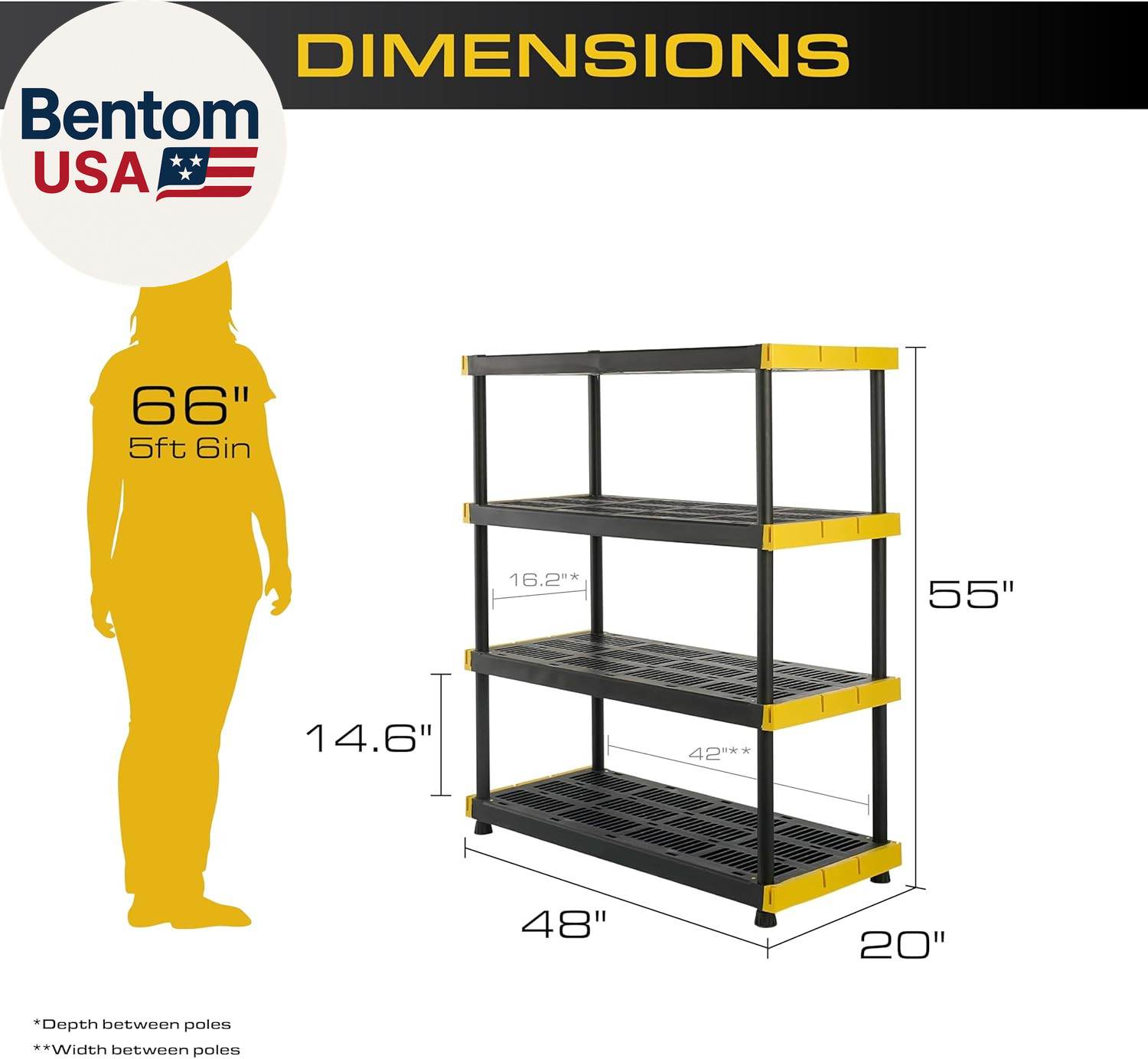 Black & Yellow, 4-Tier Heavy Duty Plastic Storage Shelves That Support up to 200