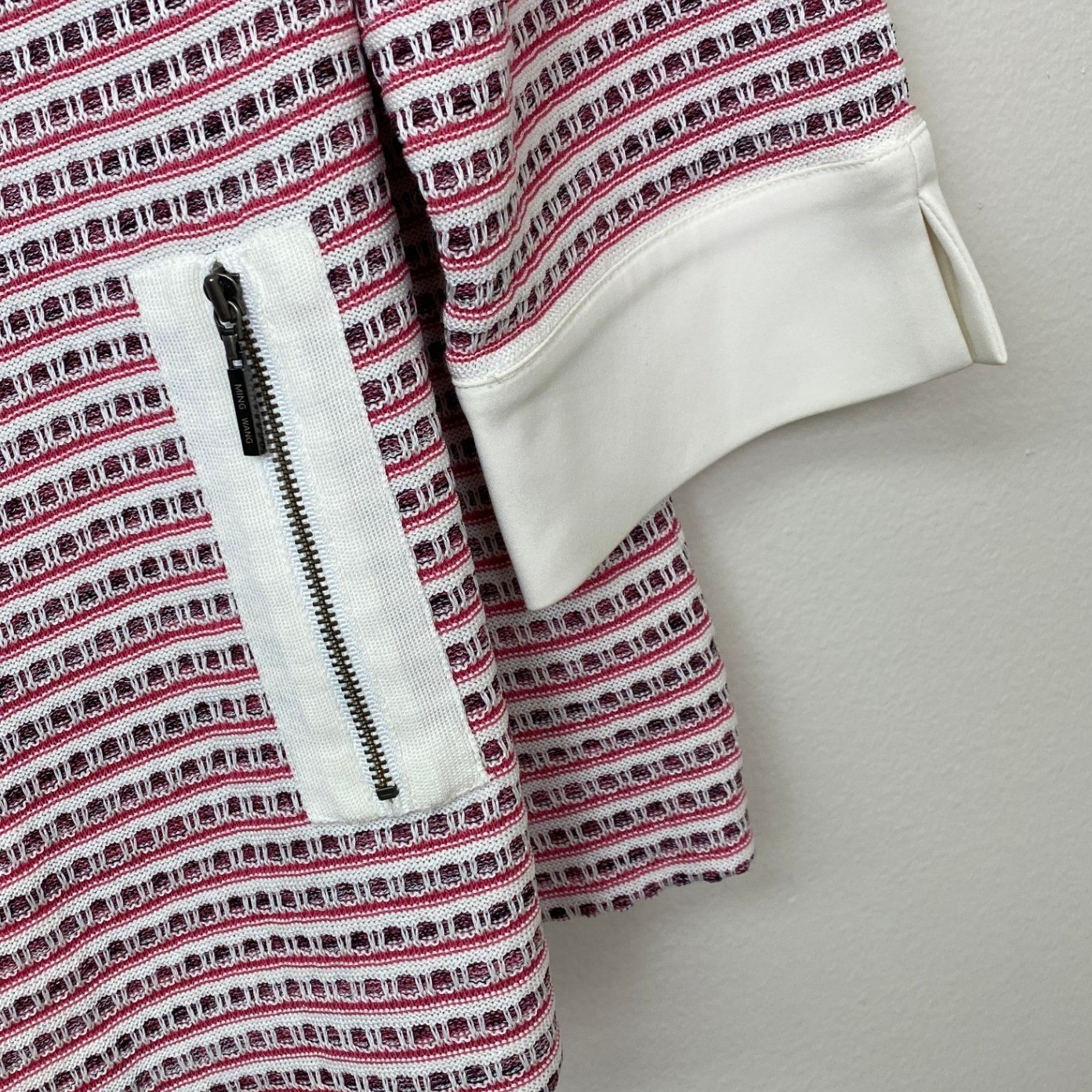Ming Wang, Petite Large Open Front Pink White Striped Knit Jacket 3/4 Sleeve PL