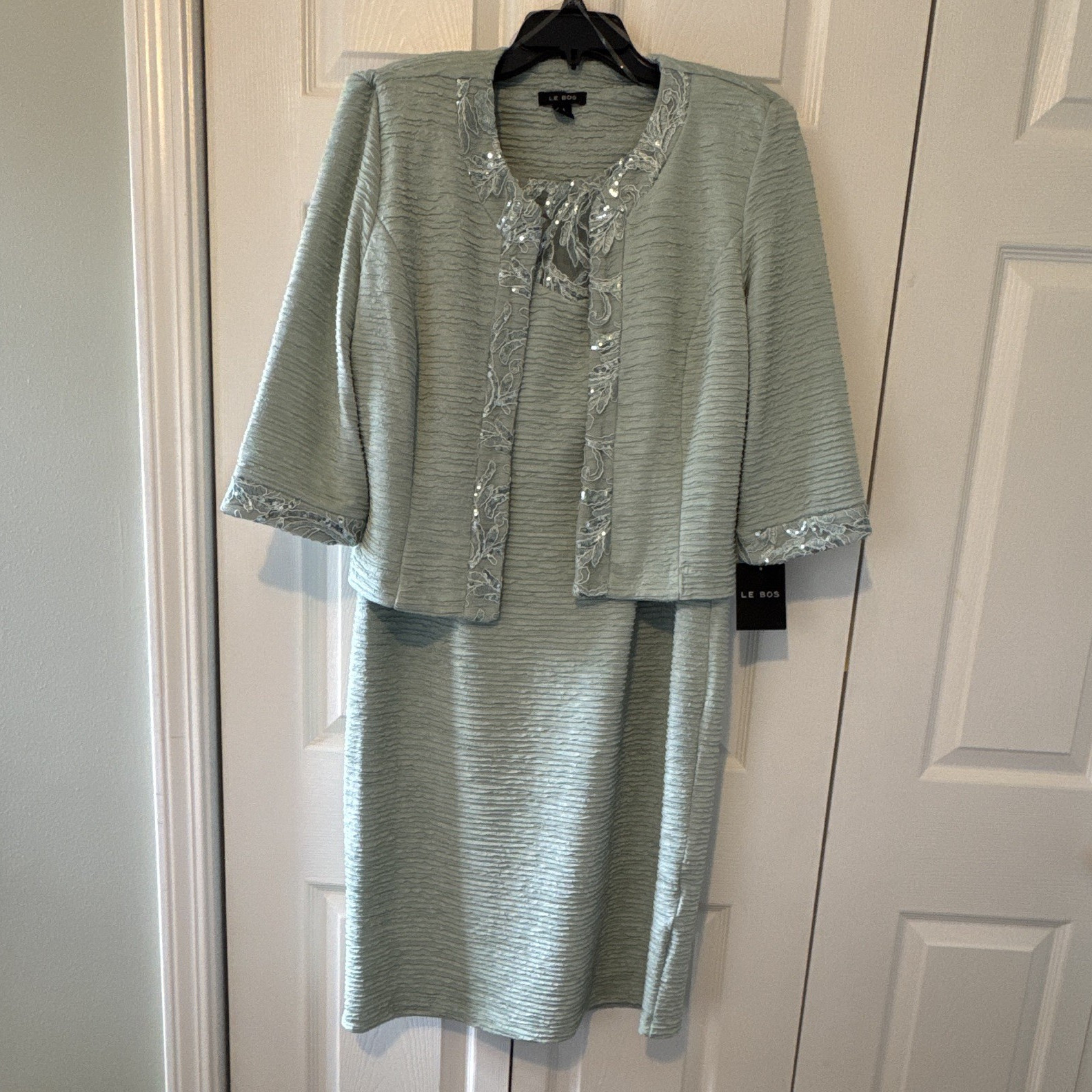 Le Bos Dusty Sage 2-Piece Dress & Jacket Set Size 14 Sequin Formal
