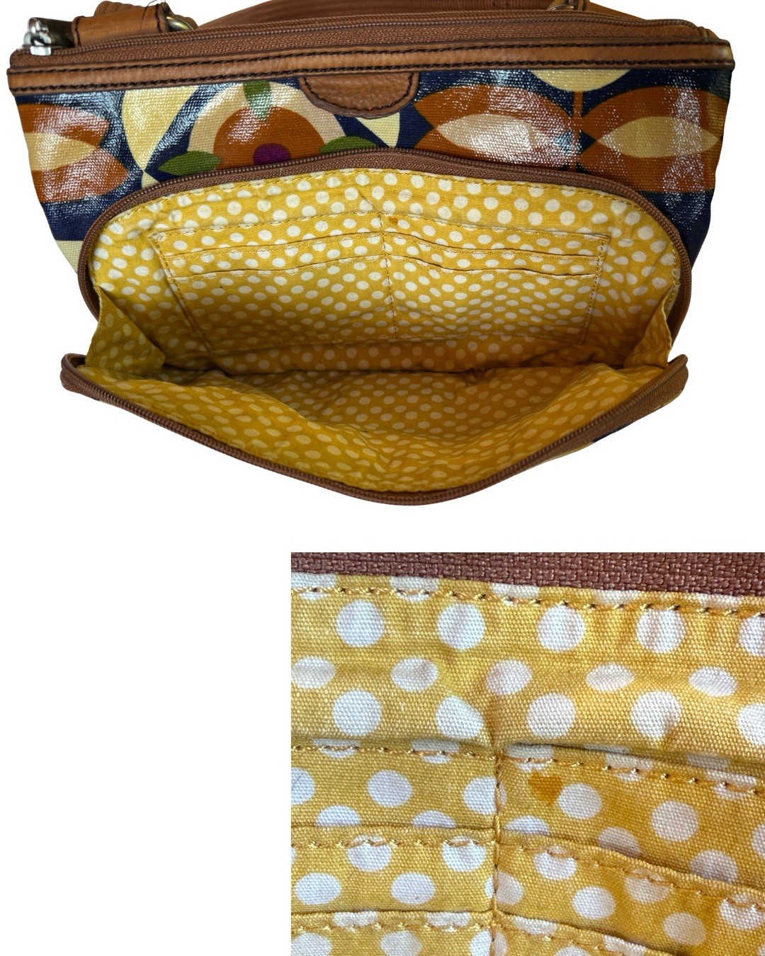 Fossil Key-Per Crossbody Bag Coated Canvas Navy Orange Floral Print Leather Trim