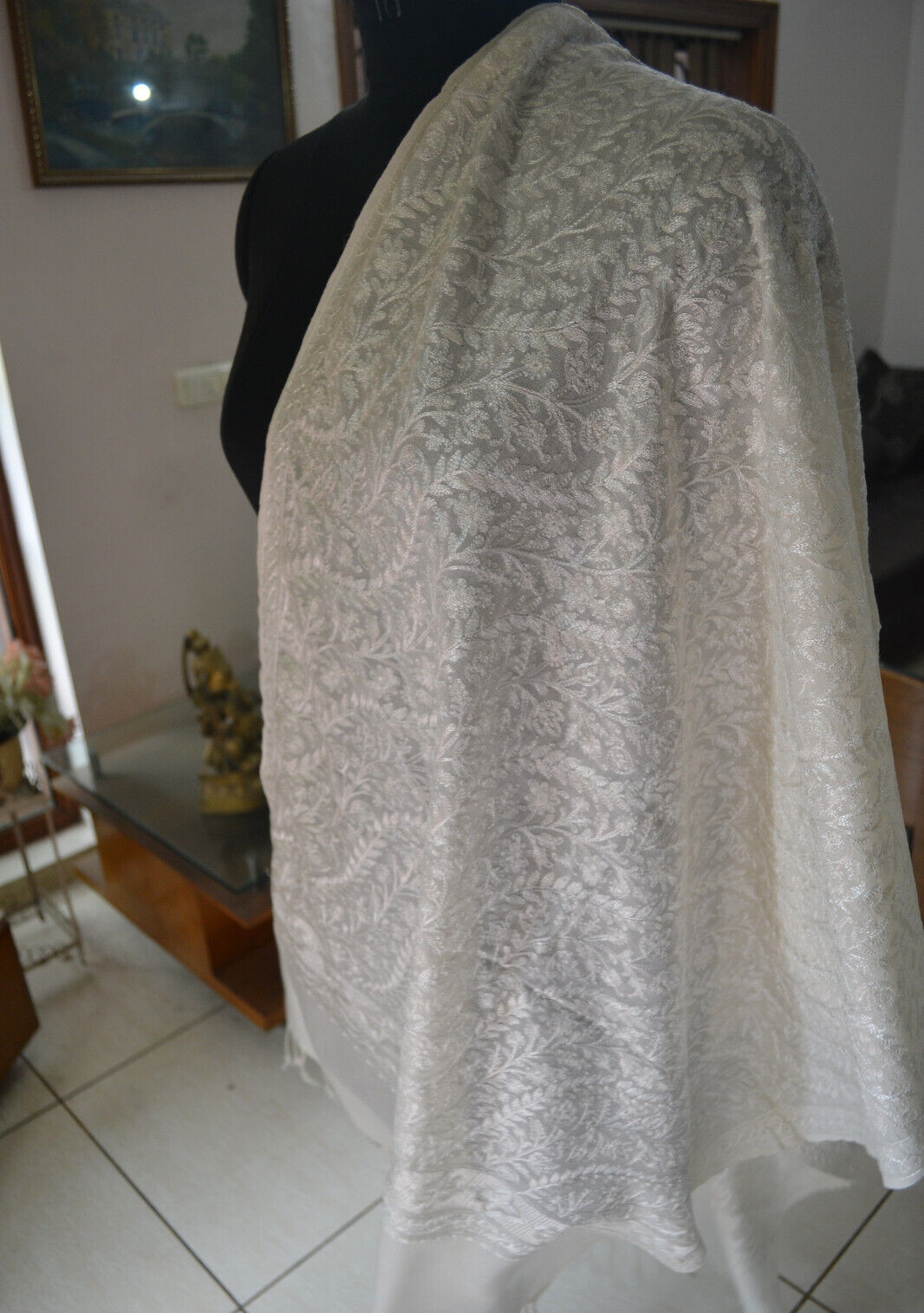 white EMBROIDERED wedding Bride shawl ~100% CASHMERE PASHMINA PAISLEY EMBROIDERY