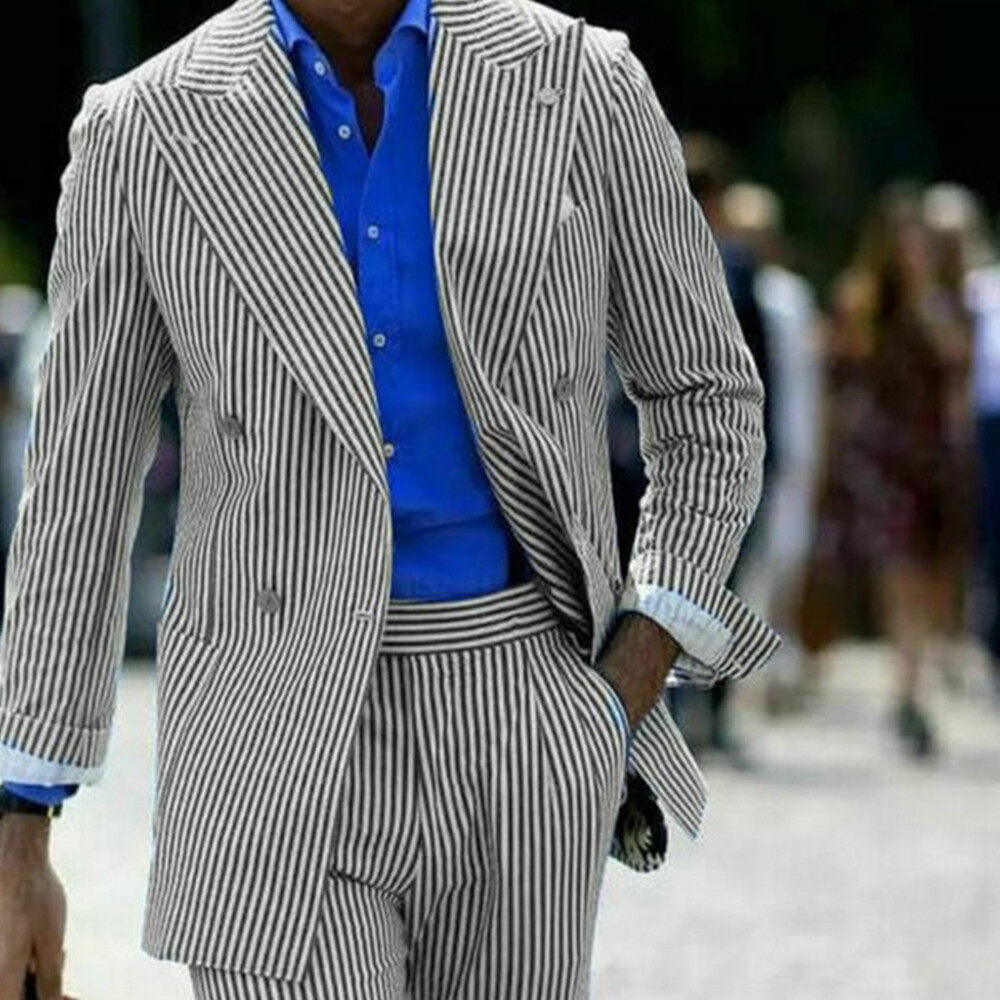 Striped Seersucker Men’s Suits Double Breasted Formal Business Office Jacket Set