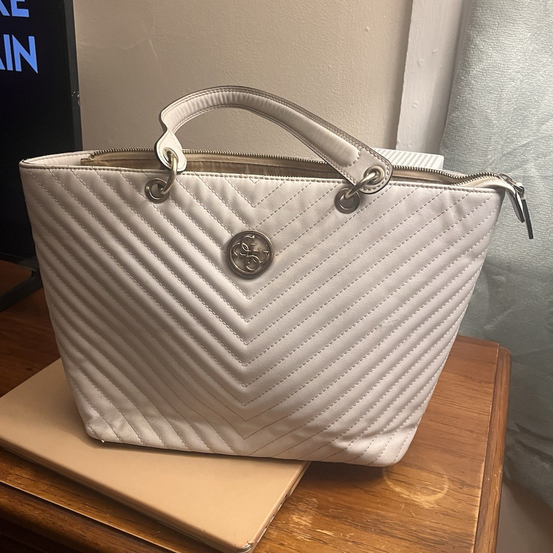 GUESS White Kamryn Quilted Tote Bag Zip Closure Silver Hardware w/ Charm