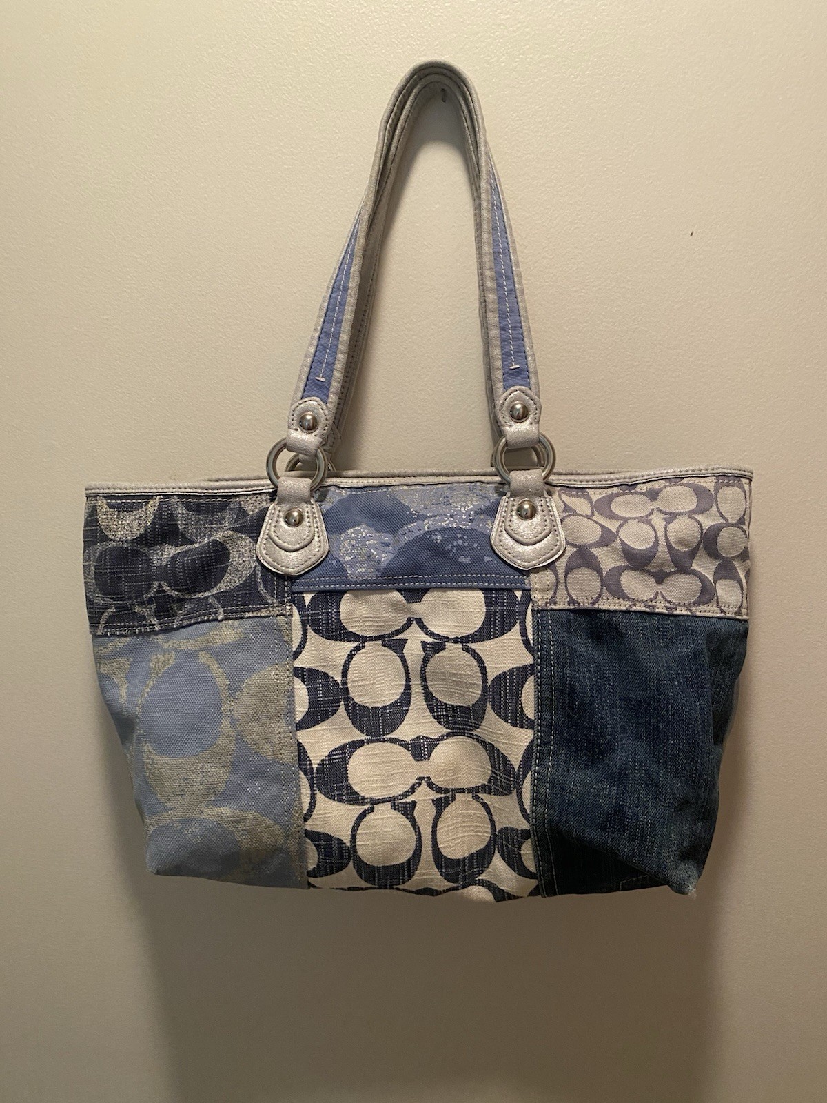 Coach Vintage Poppy Canvas Tote Bag Handbag Signature Logo Blue