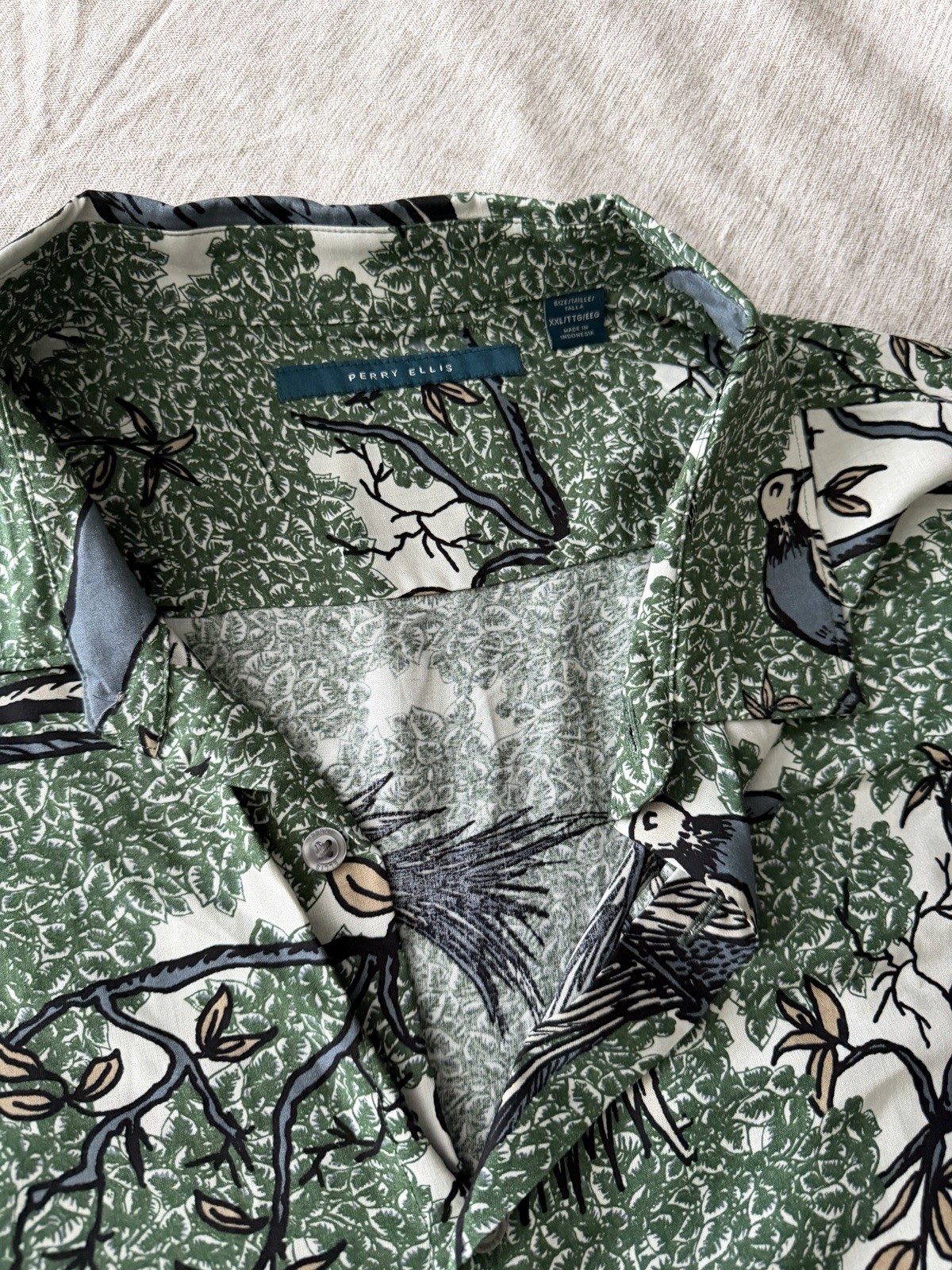 Perry Ellis Bird Print Shirt Mens XXL Green Button Up Short Sleeve