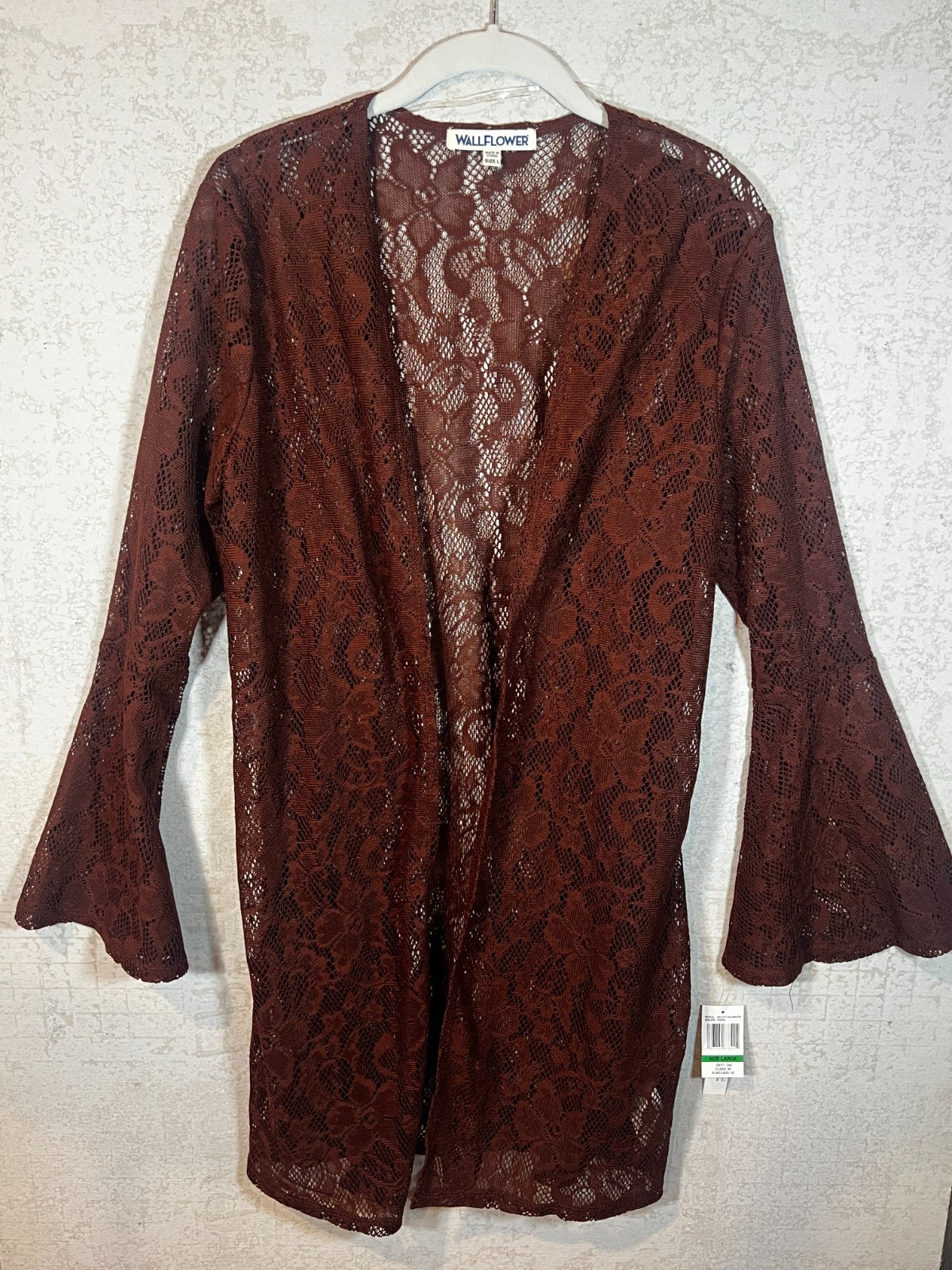 Wallflower Women’s Size L Burgundy Lace Open Front Cardigan Boho or Cover-Up