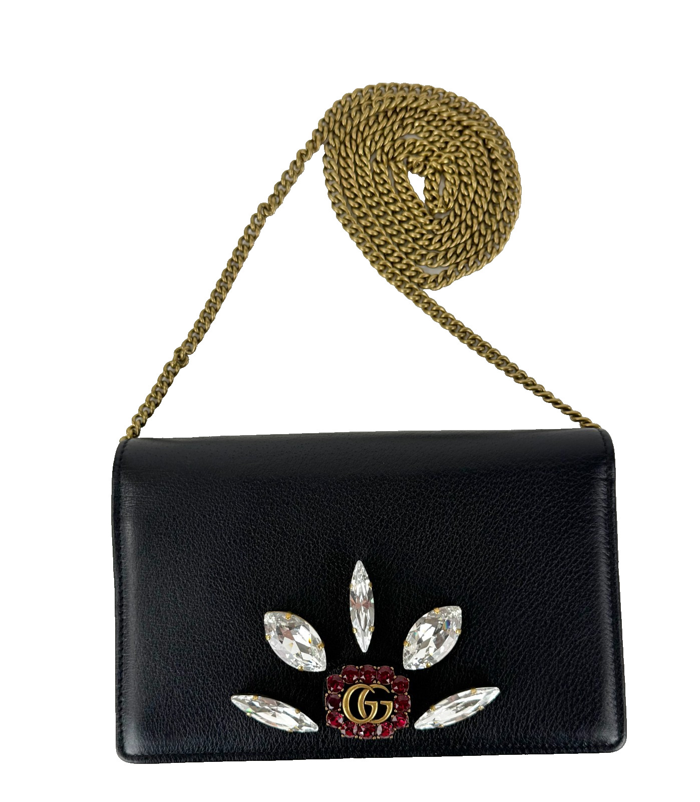 Gucci New Auth Black Leather Mini GG Marmont Crystal Wallet Chain Bag Dust Bag