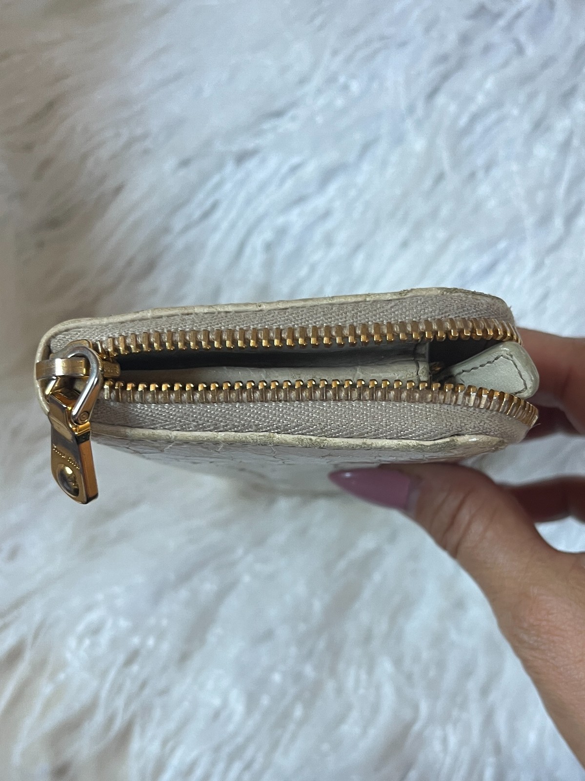 Miu Miu Beige Croc Embossed Zip Clutch Wallet