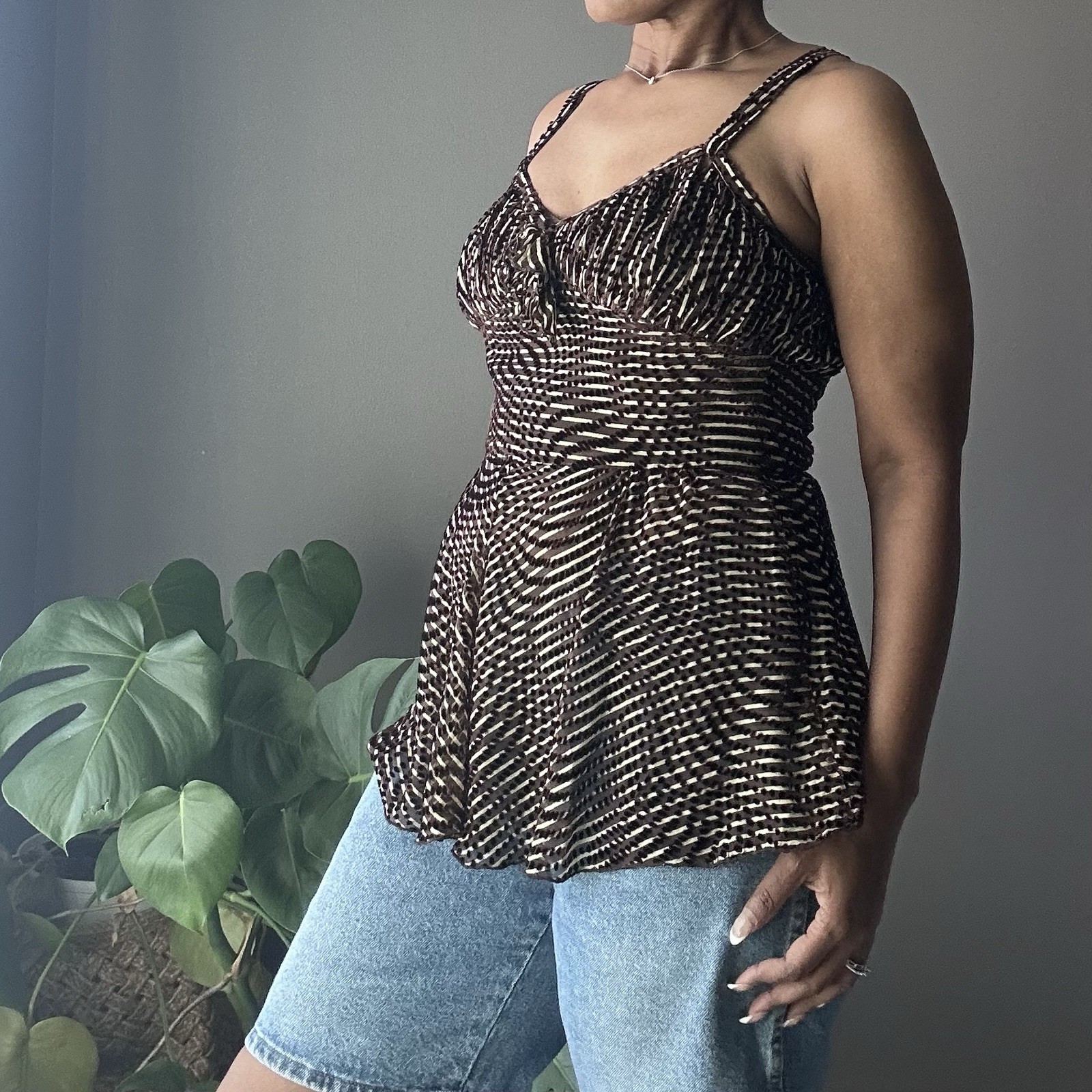 Anna Sui Spaghetti Strap Top Women’s 10 Brown Stripes Polka Dots Silk Blend