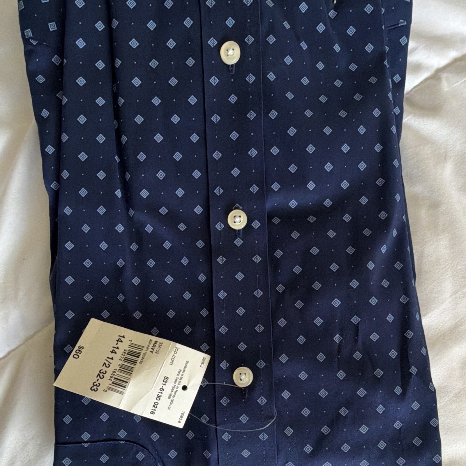 Stafford Smart Tech Geometric Dress Shirt Navy Blue Regular Fit 14-14.5 32/33