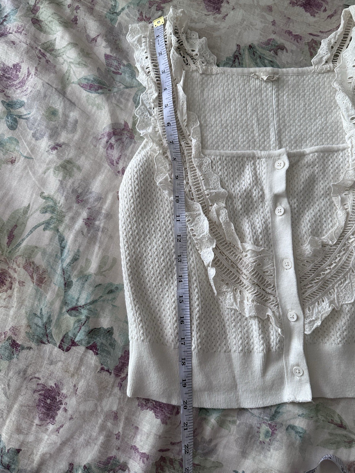 Pilcro White Solid Square Neck Lace Ruffle Button Front Knit Tank Women XL