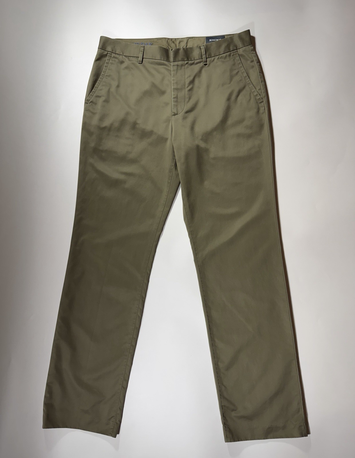 Bonobos Green Cotton Twill Chino Pants Straight Fit Flat Front Pockets 34W