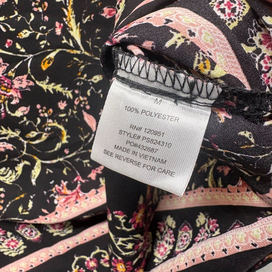 Pink Rose Top Womens Medium Black Floral Cap Sleeve Pullover Bohemian