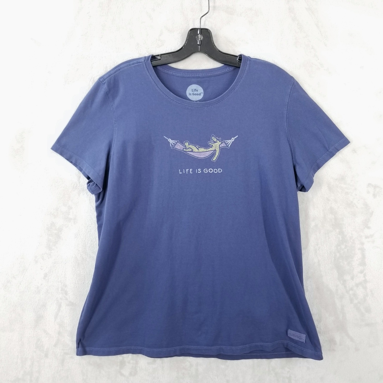 Life is Good Womens XL Crusher Tee Blue Cotton Dog Hammock Graphic T-Shirt